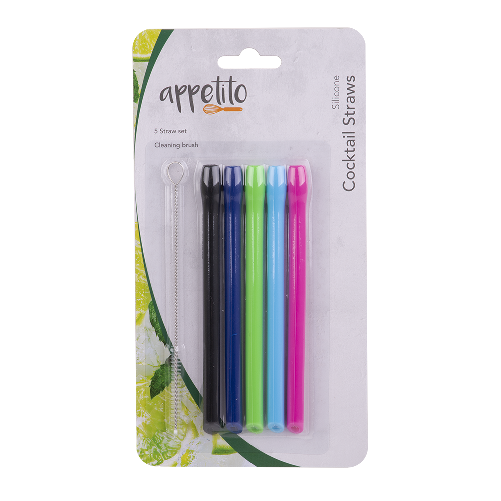 Appetito Silicone Cocktail Straws Set 5 with Brush - Assorted