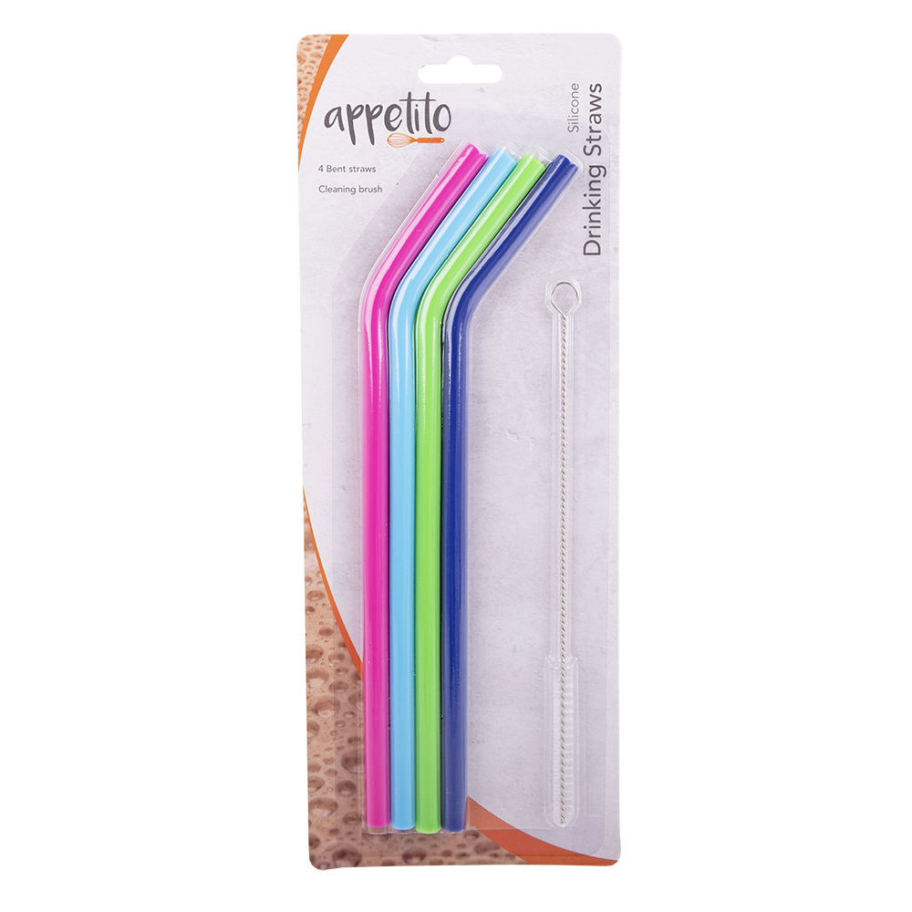 Appetito Silicone Bent Drinking Straw Set 4 with Brush - Assorted