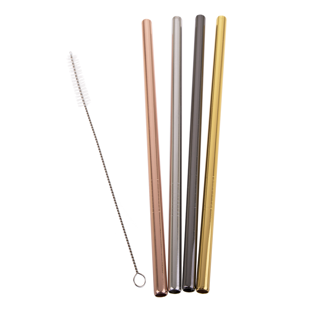 Appetito Stainless Steel Straight Smoothie Straws Set 4 with Brush - Metallic
