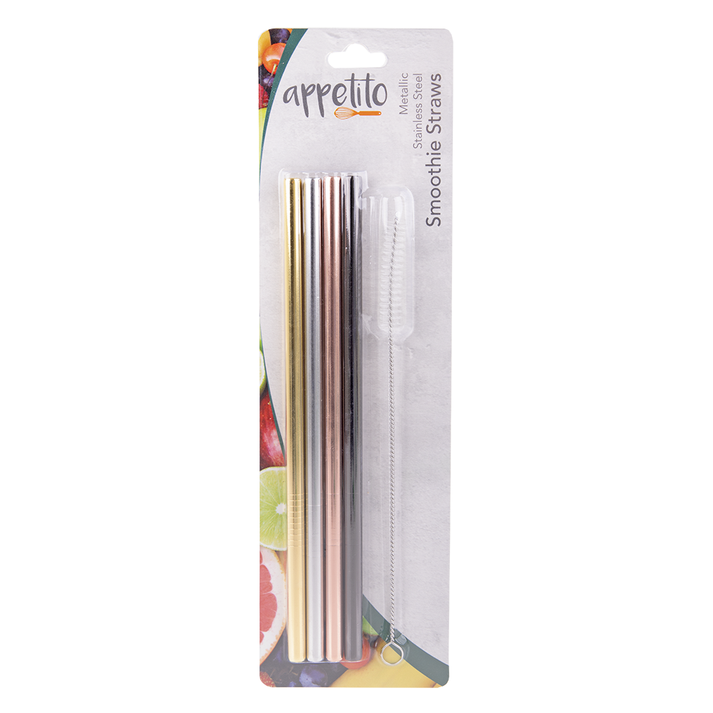 Appetito Stainless Steel Straight Smoothie Straws Set 4 with Brush - Metallic