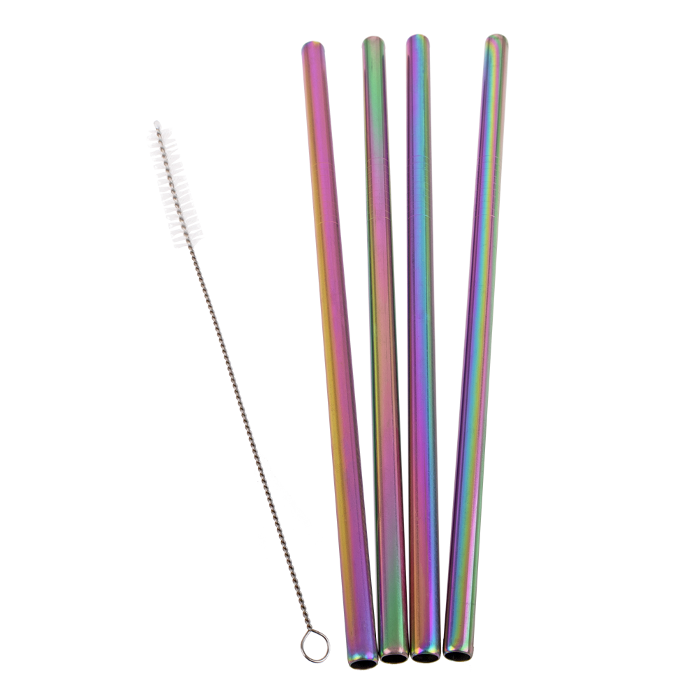 Appetito Stainless Steel Straight Smoothie Straws Set 4 with Brush - Rainbow