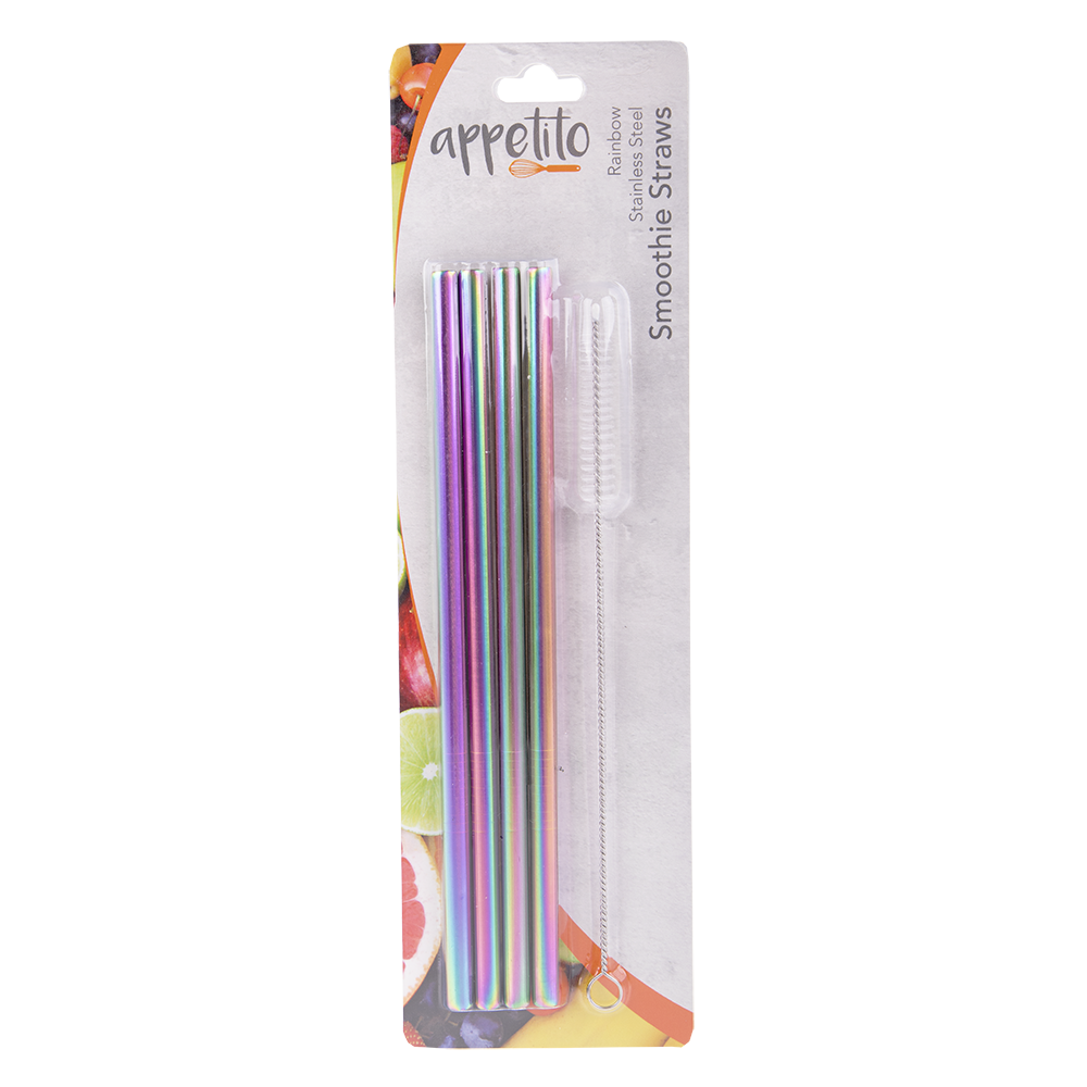 Appetito Stainless Steel Straight Smoothie Straws Set 4 with Brush - Rainbow