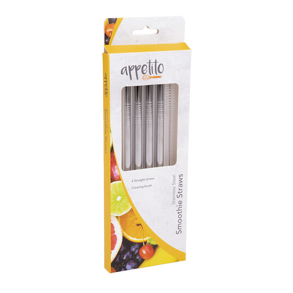 Appetito Stainless Steel Straight Smoothie Straws Set 4 with Brush