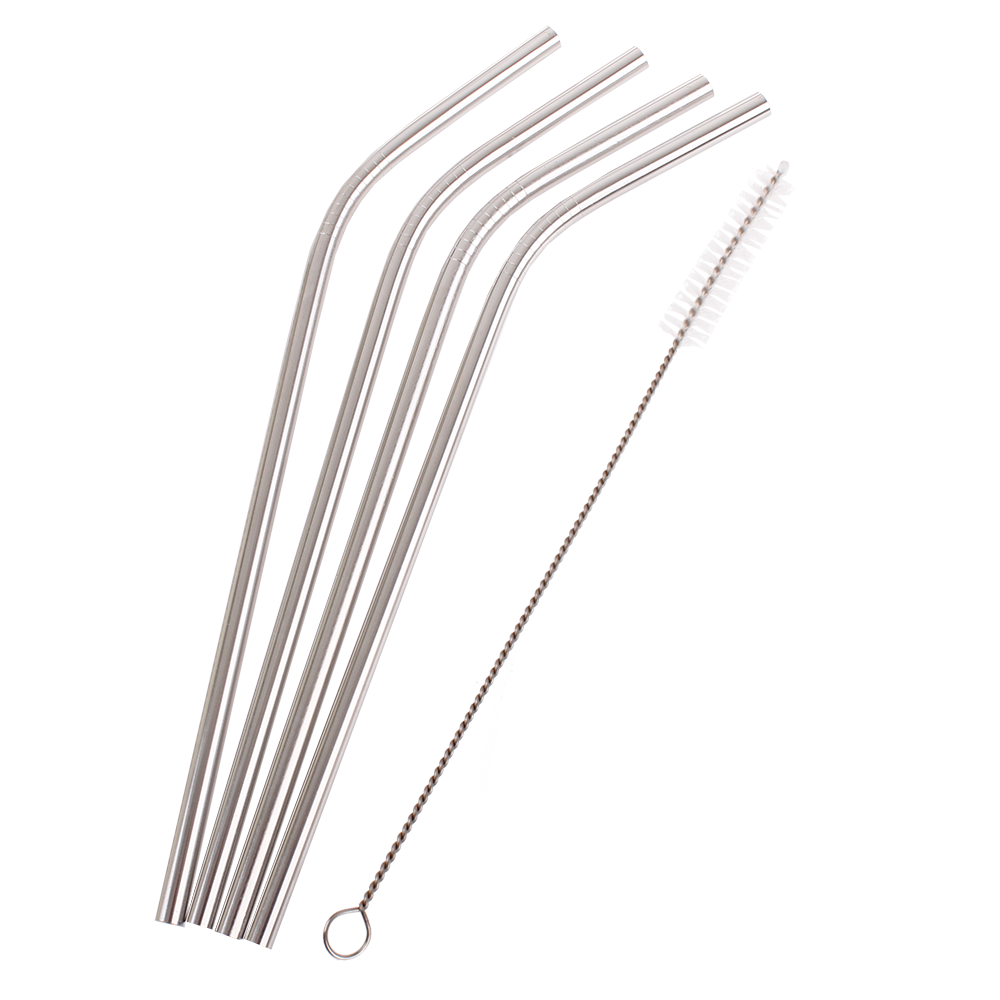 Appetito Stainless Steel Bent Drinking Straws Set 4 with Brush