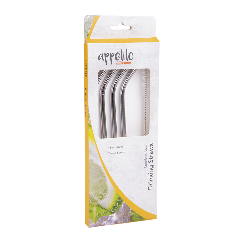 Appetito Stainless Steel Bent Drinking Straws Set 4 with Brush