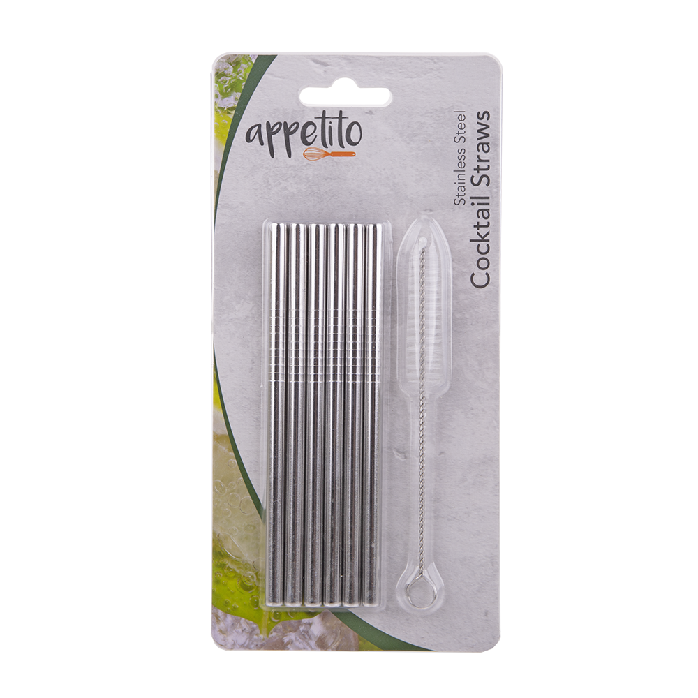 Appetito Stainless Steel Cocktail Straws Set 6 with Brush