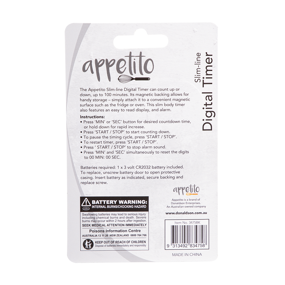 Appetito Slim-Line Digital Timer 100 Minutes - Black