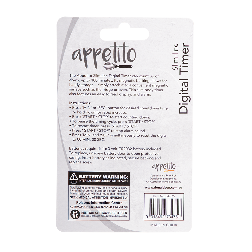 Appetito Slim-Line Digital Timer 100 Minutes - White