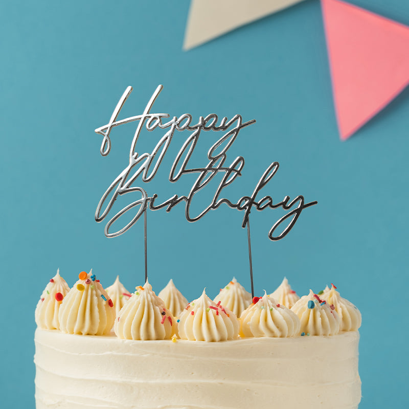 Cake & Candle Metal Cake Topper Happy Birthday 3 Silver