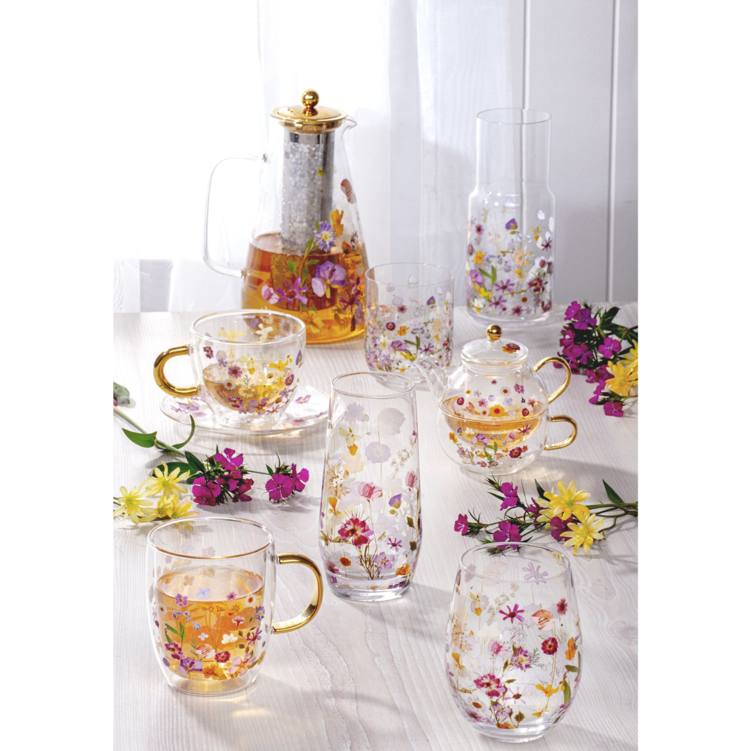 Ashdene Pressed Flowers Double Walled Glass Cup & Saucer Set Of 4