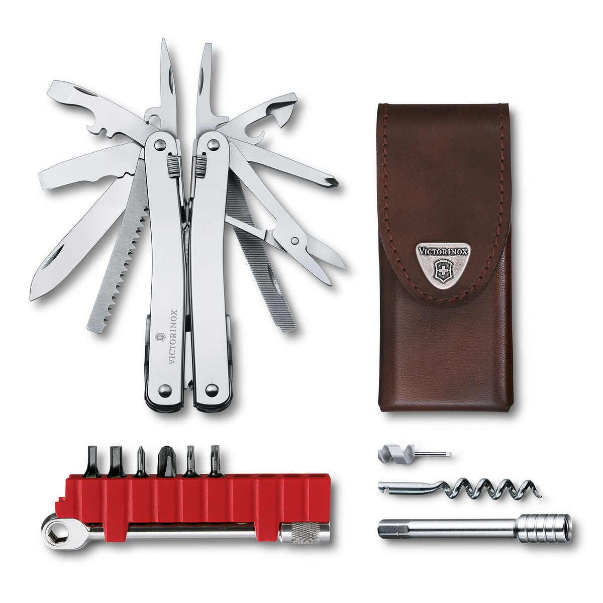 Victorinox Swiss Tool Spirit X Plus with Ratchet and Leather Pouch (Silver)
