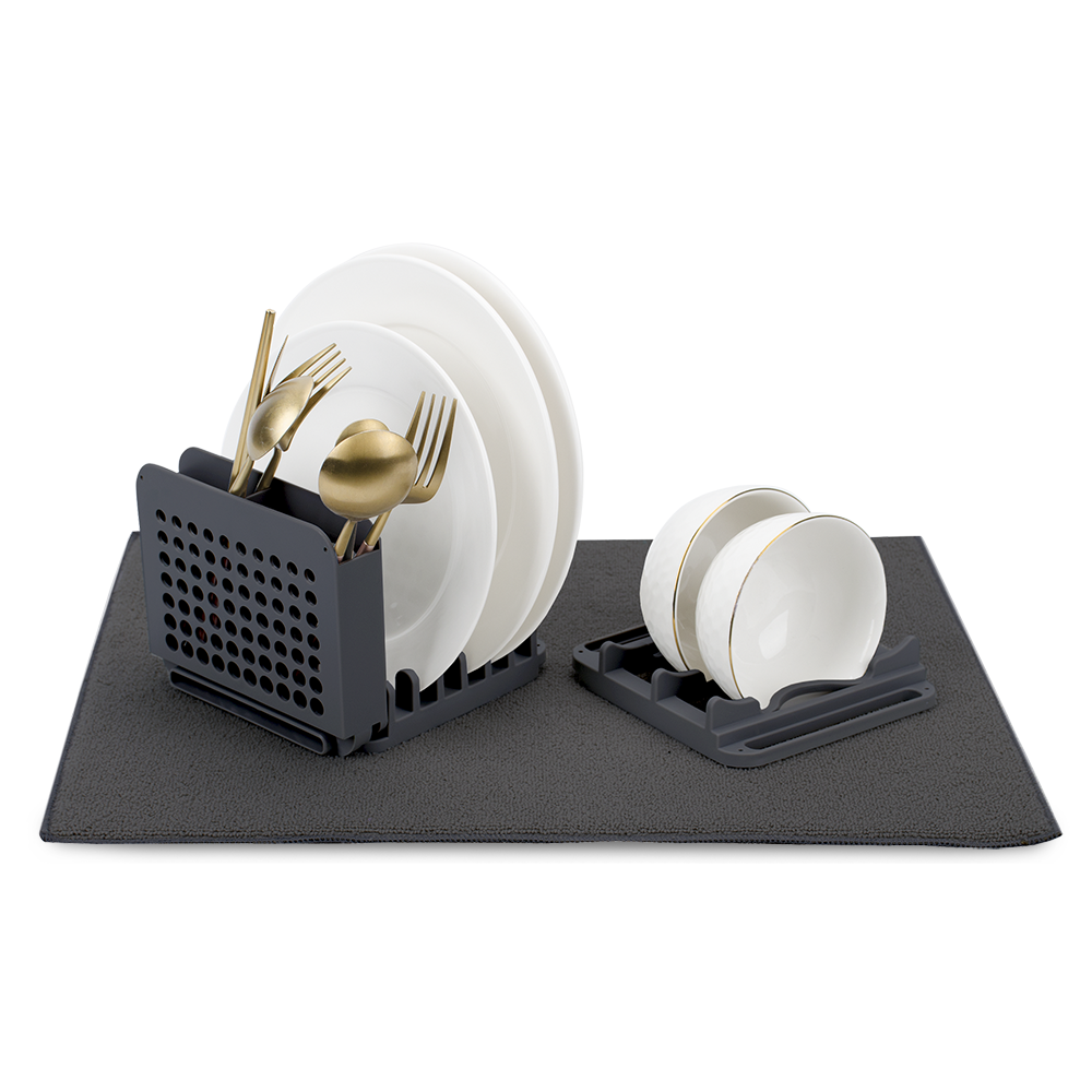 Grand Fusion Dish Drying Mat with 3 Section Rack – 51 x 39cm Charcoal