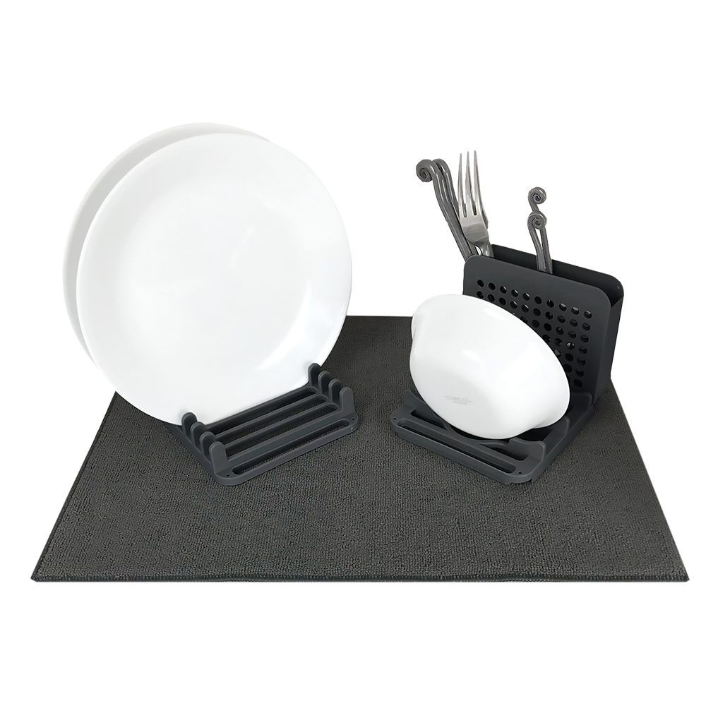 Grand Fusion Dish Drying Mat with 3 Section Rack – 51 x 39cm Charcoal