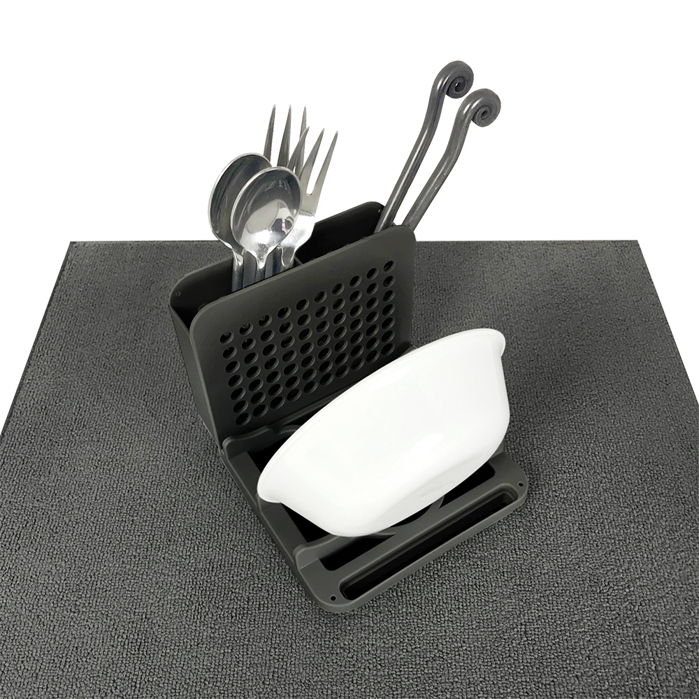 Grand Fusion Dish Drying Mat with 3 Section Rack – 51 x 39cm Charcoal