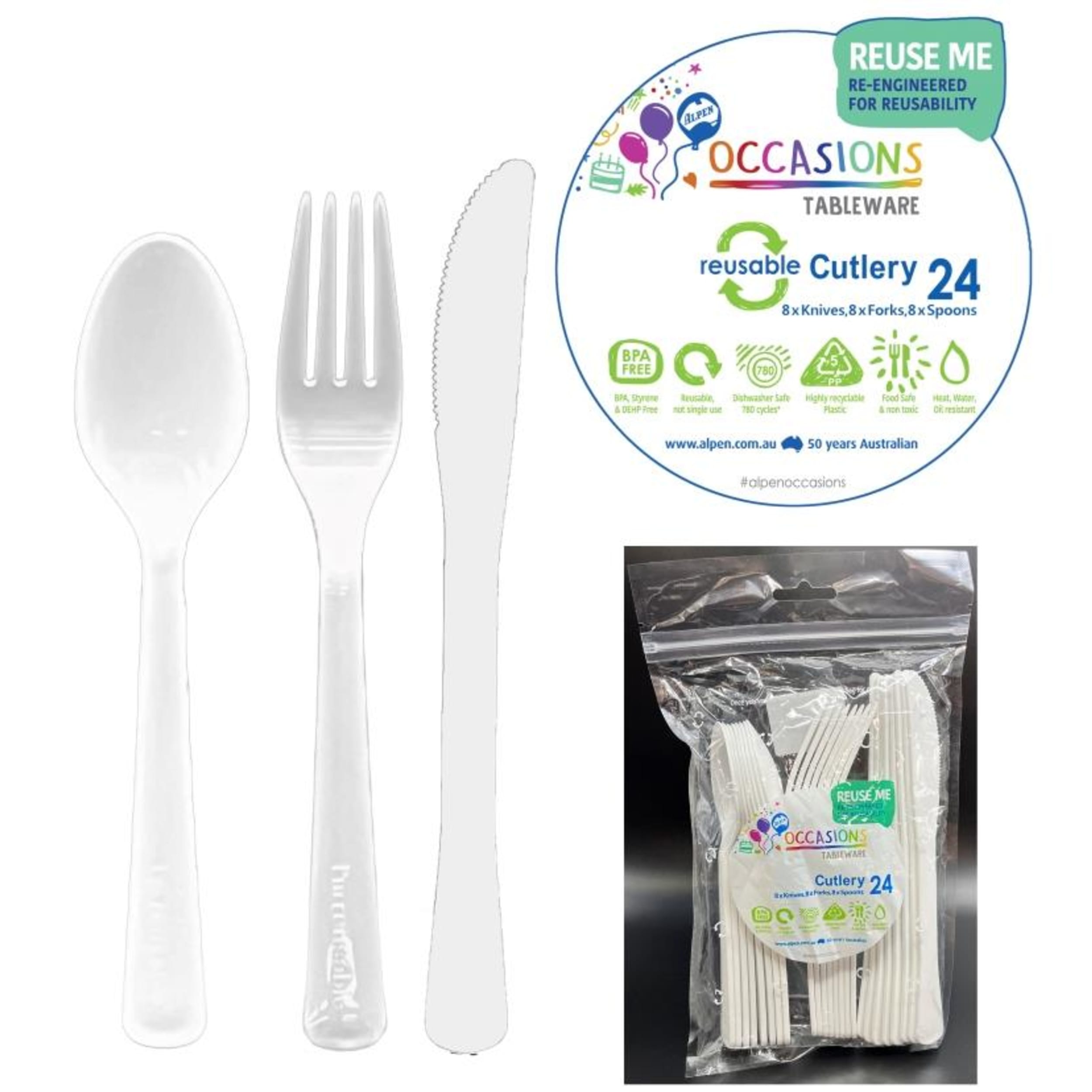 Occasions Cutlery White Assorted 8 Knife 8 Fork 8 Spoon (24 Pack)