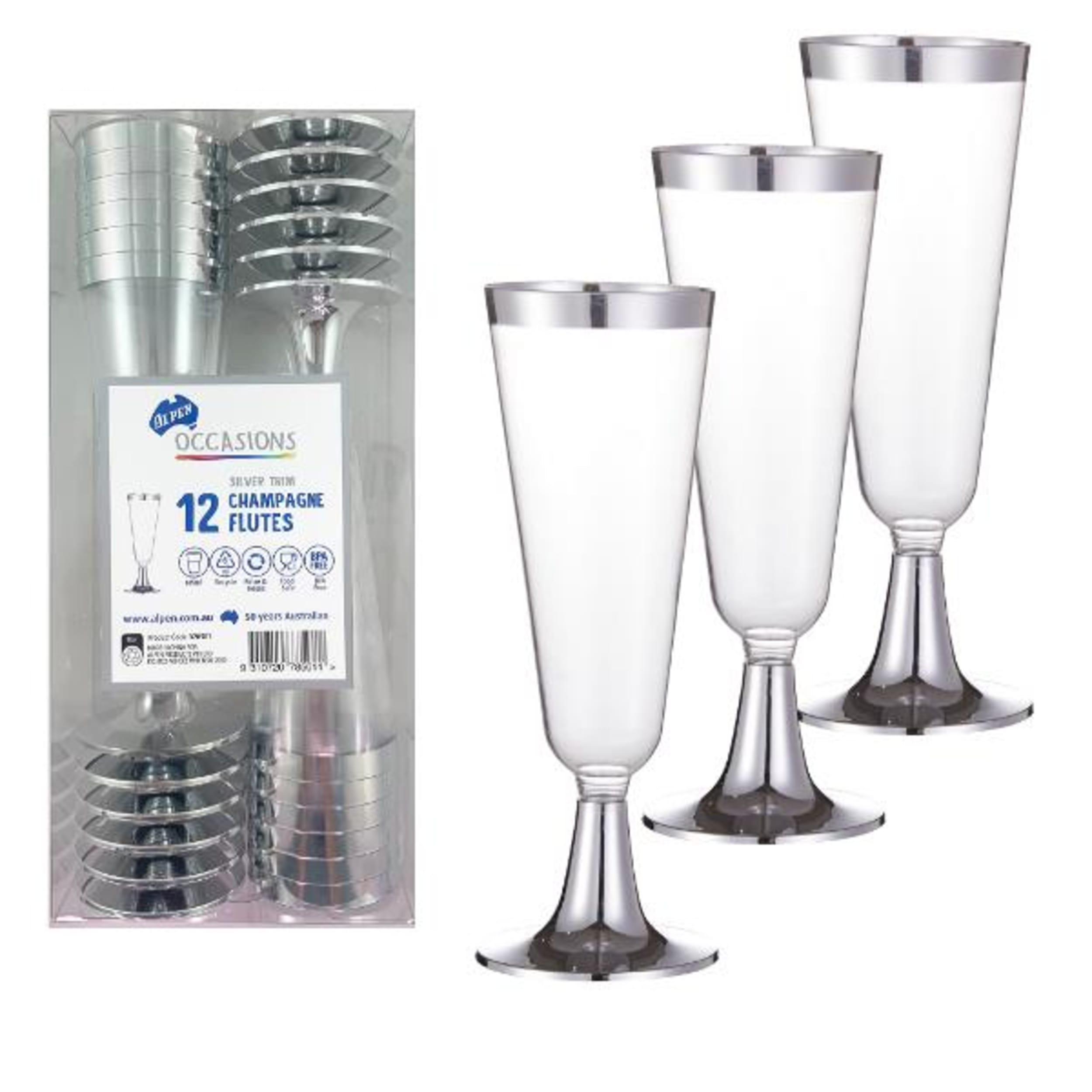 Occasions Silver Trim Plastic Champagne Flute 145ml (12 Pack)