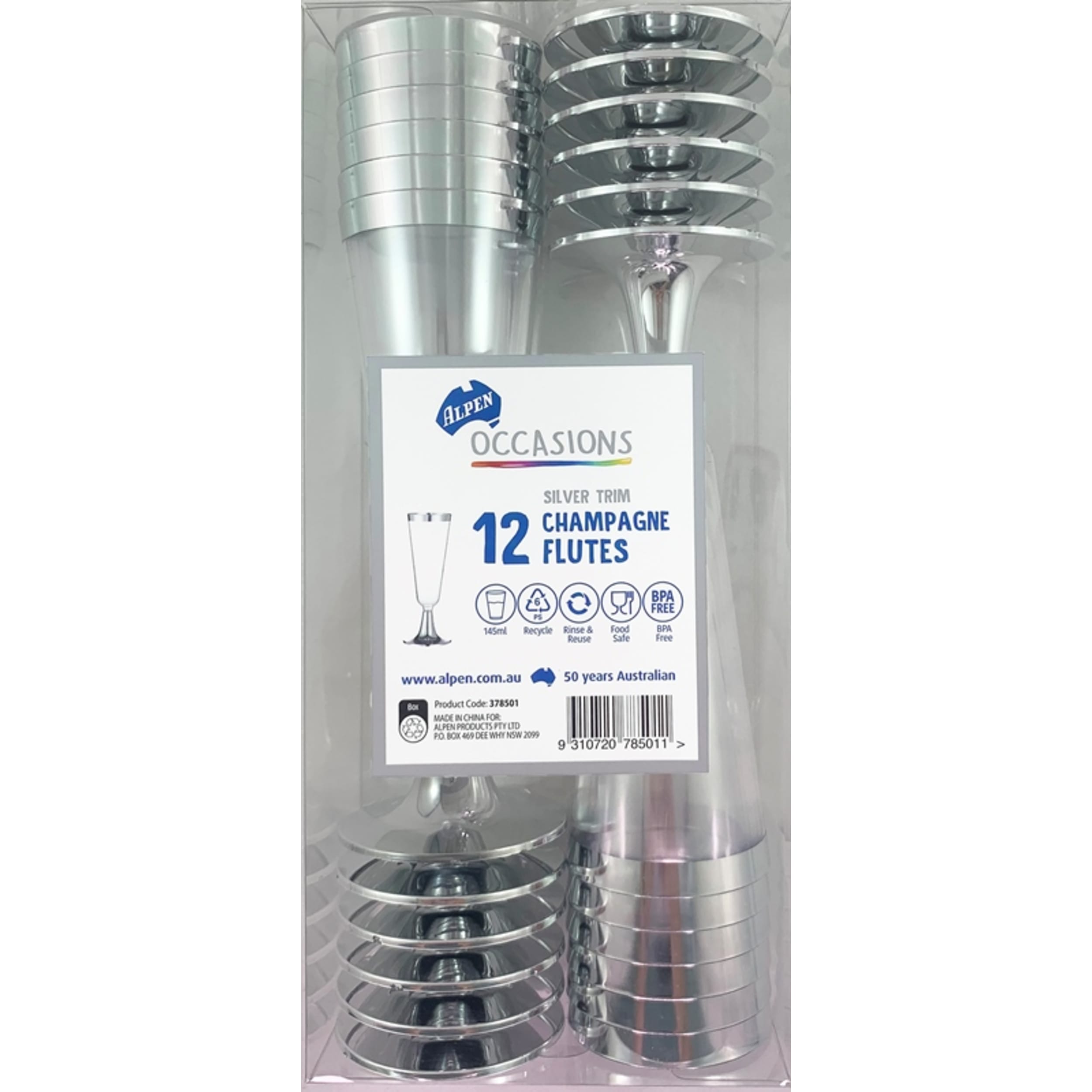 Occasions Silver Trim Plastic Champagne Flute 145ml (12 Pack)