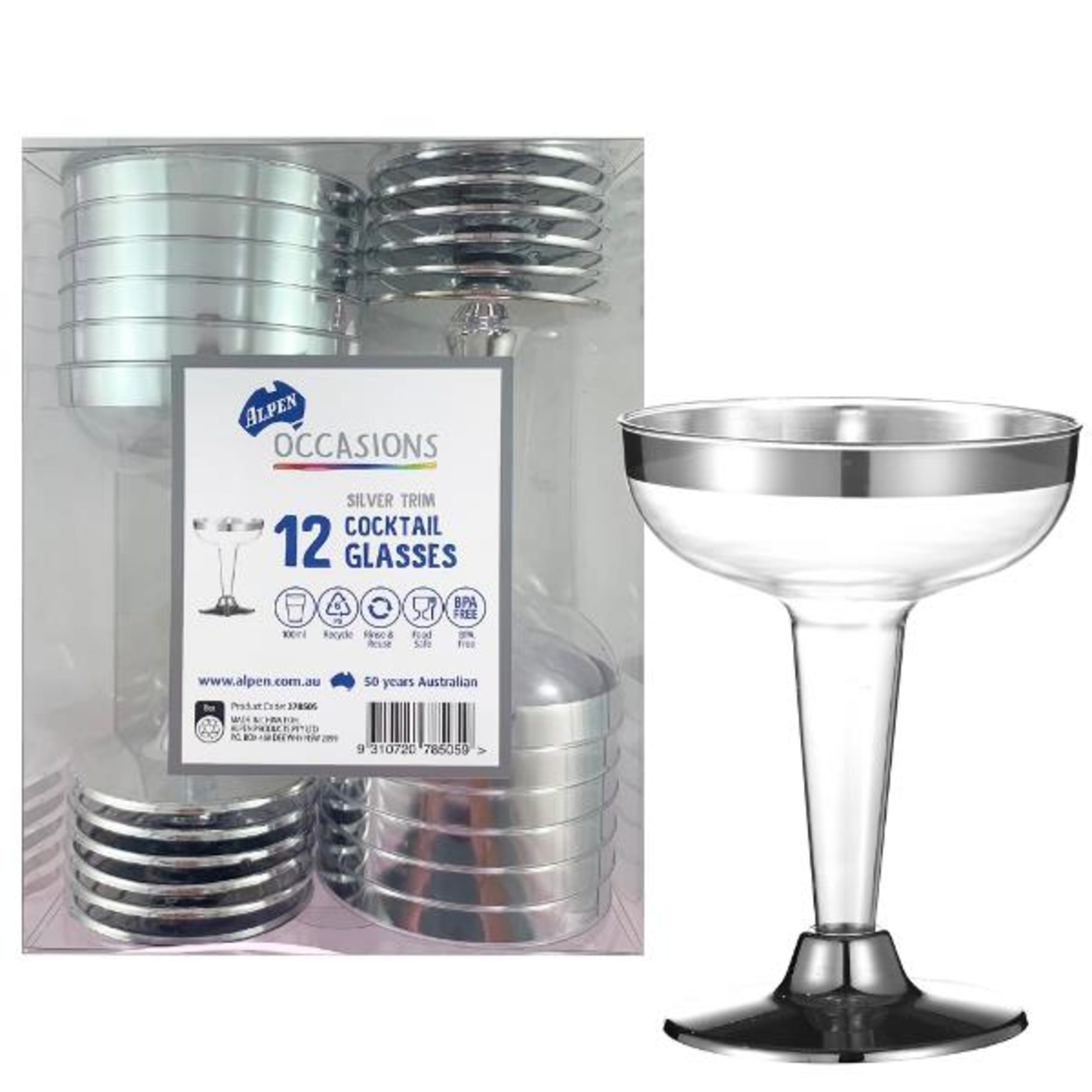 Occasions Silver Trim Plastic Cocktail Glass100ml (12 Pack)