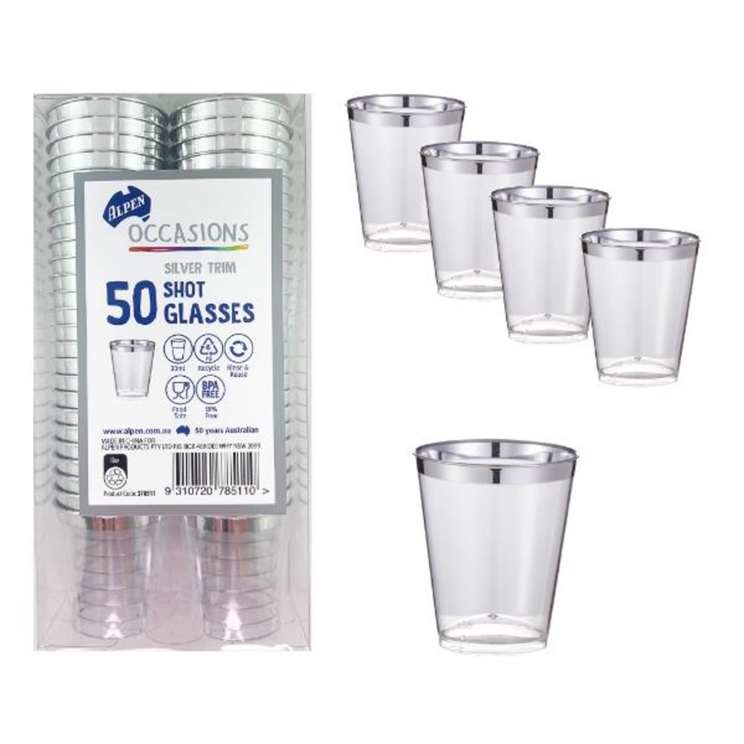 Occasions Silver Trim Plastic Shot Glass 30ml (50 Pack)
