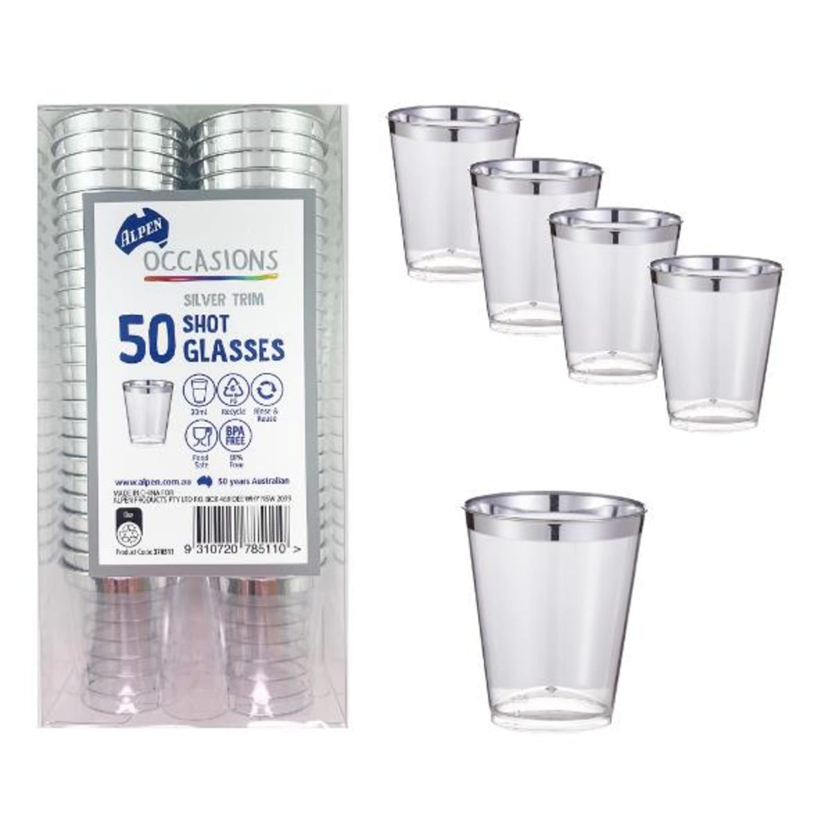 Occasions Silver Trim Plastic Shot Glass 30ml (50 Pack)
