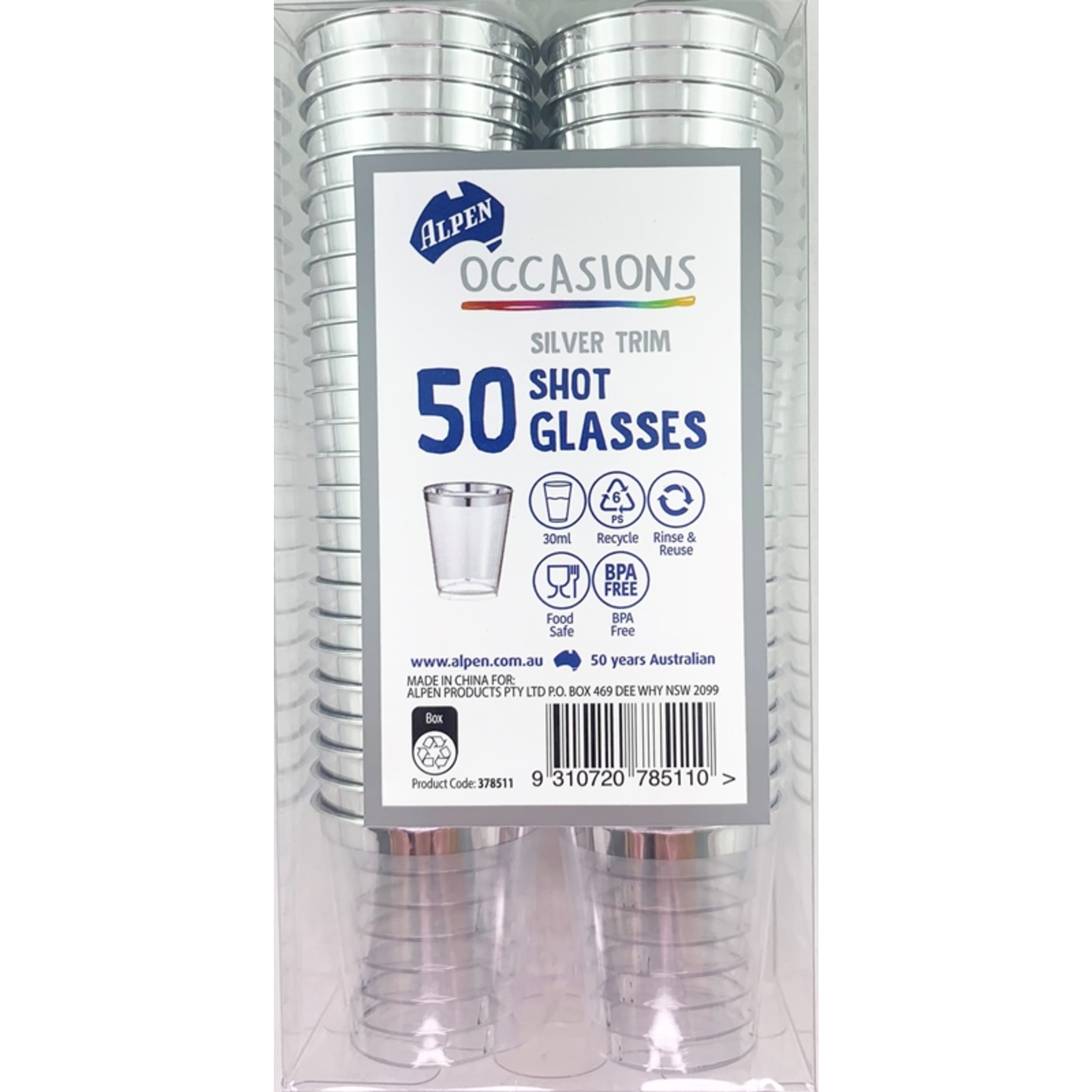 Occasions Silver Trim Plastic Shot Glass 30ml (50 Pack)