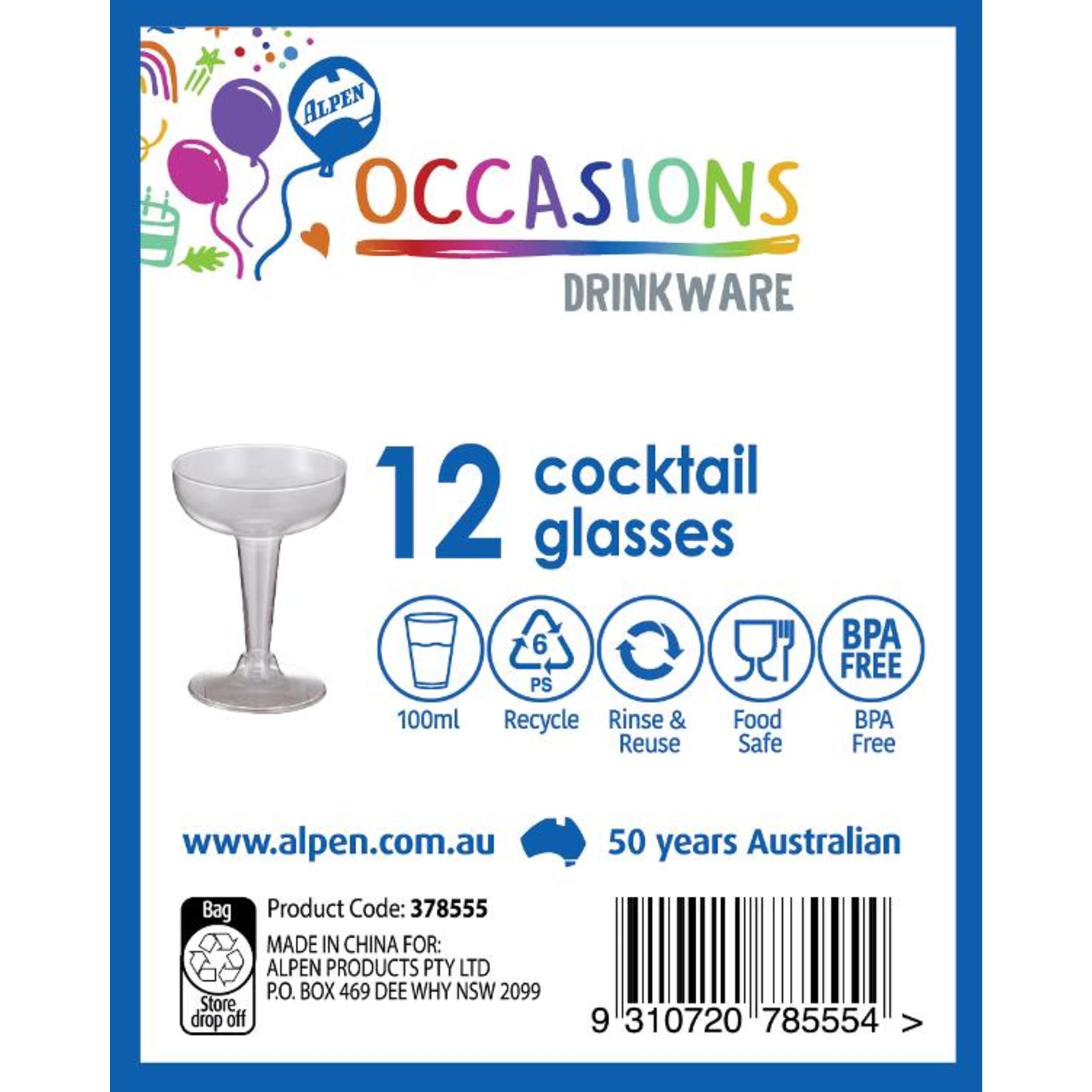 Occasions Clear Plastic Cocktail Glass 100ml (12 Pack)