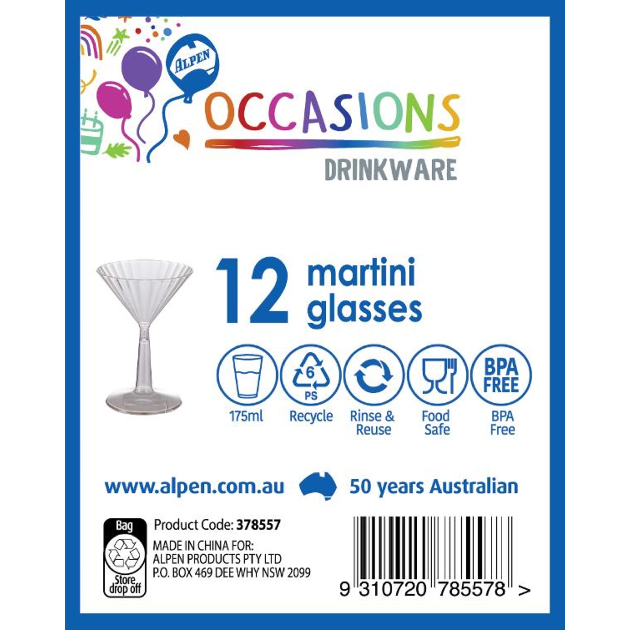 Occasions Clear Plastic Martini Glass 175ml (12 Pack)
