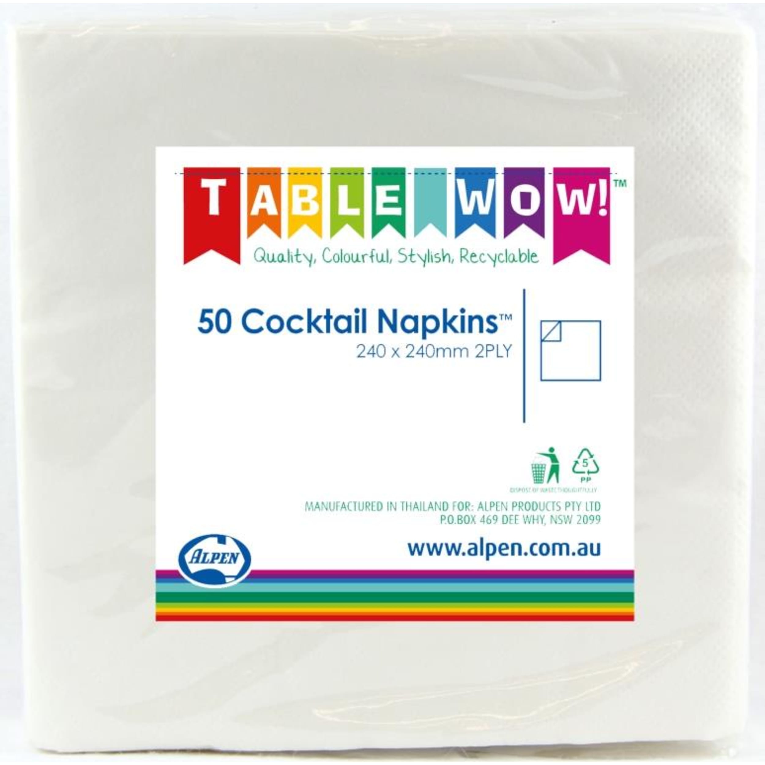 TableWow! White Cocktail Napkin 25x25cm 2ply (50 Pack)