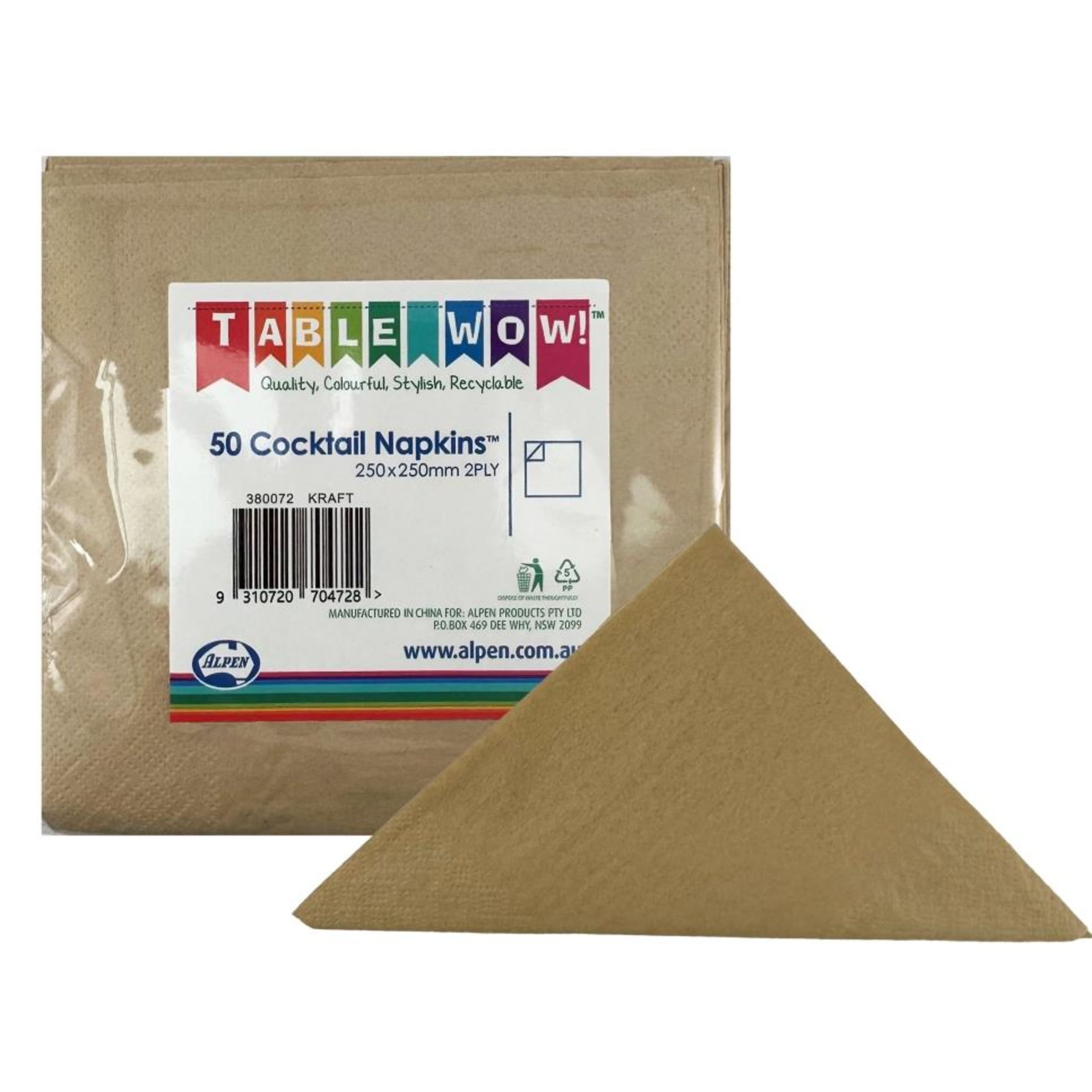 TableWow! Kraft Cocktail Napkin 25x25cm 2ply (50 Pack)