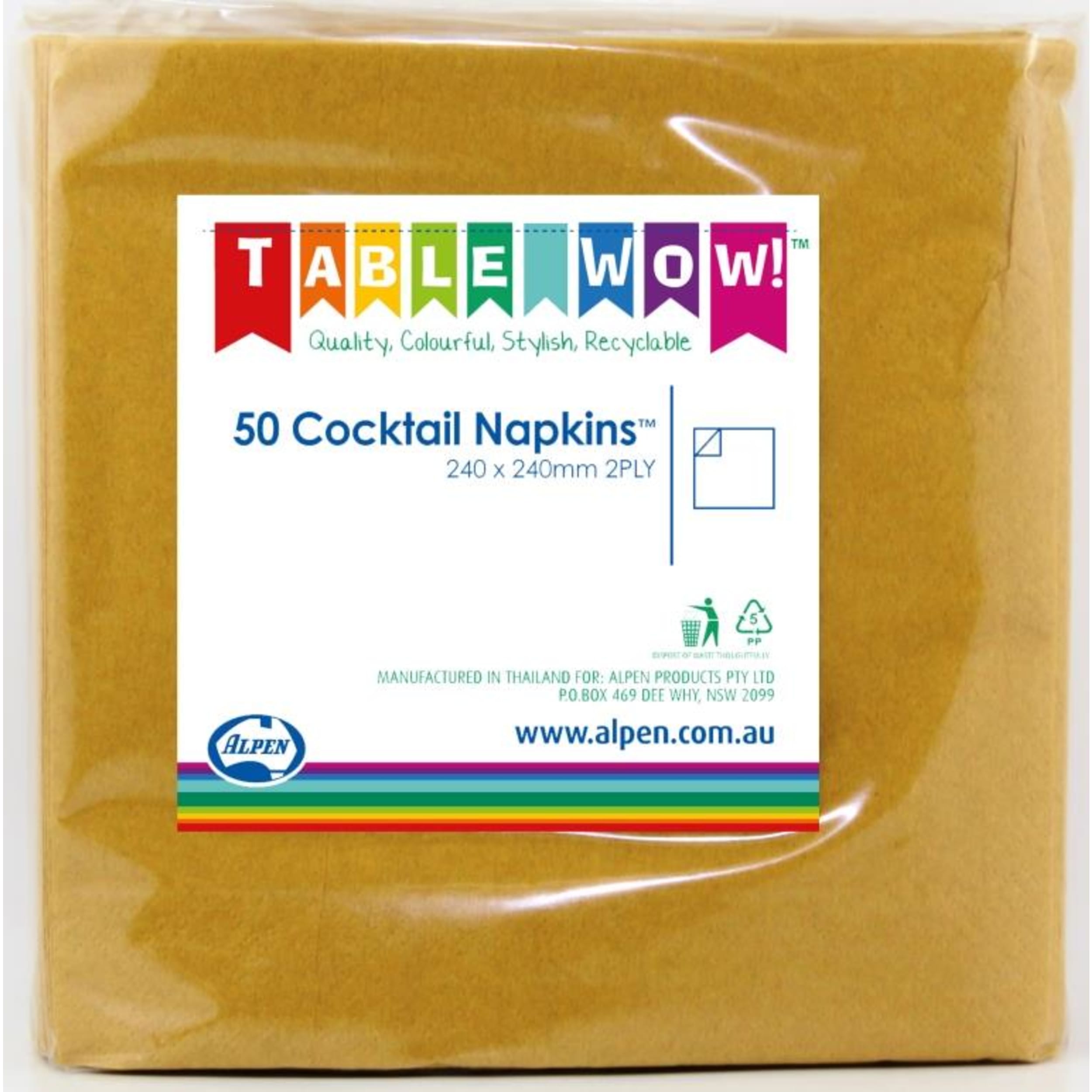 TableWow! Gold Cocktail Napkin 25x25cm 2ply (50 Pack)