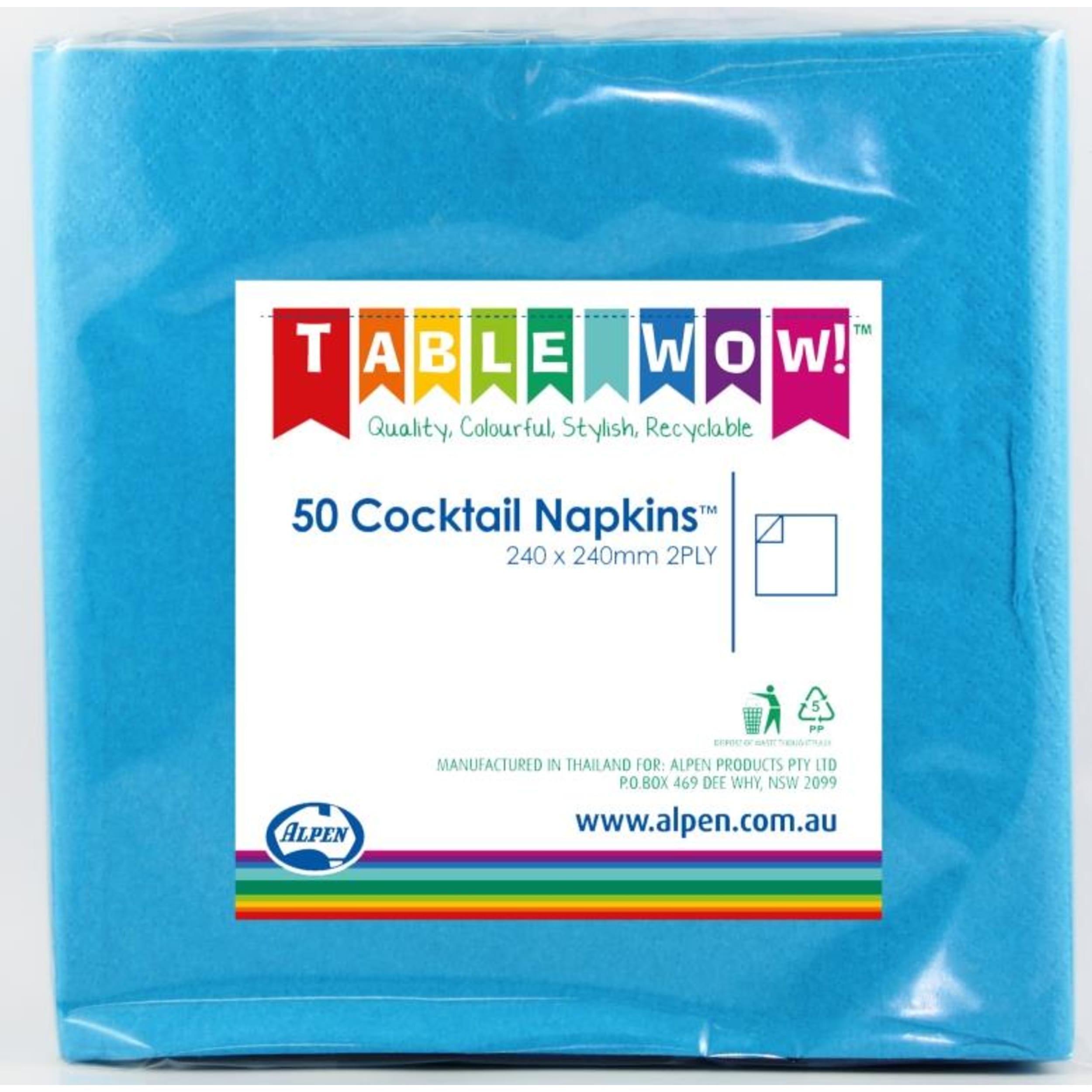 TableWow! Azure Blue Cocktail Napkin 25x25cm 2ply (50 Pack)