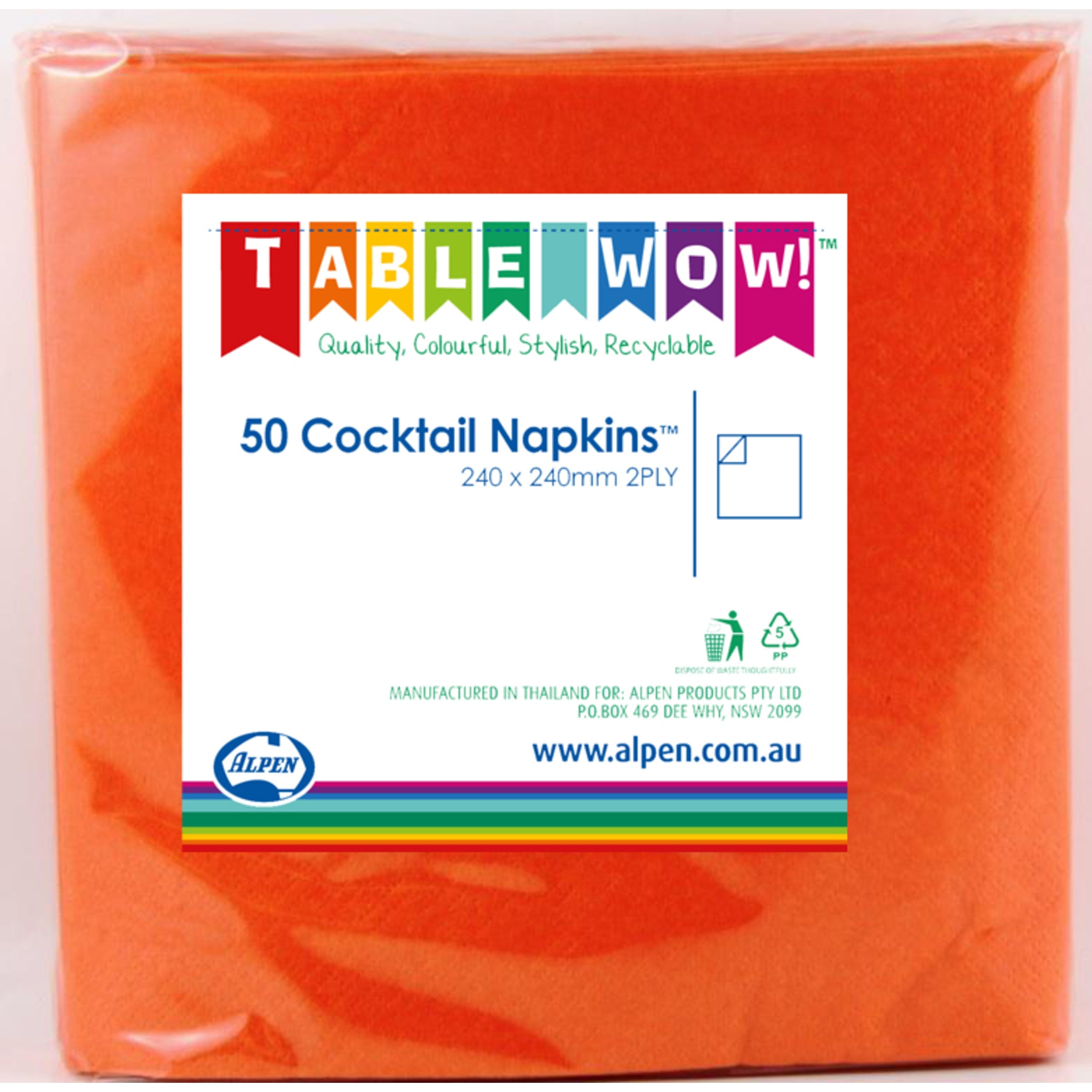TableWow! Orange Cocktail Napkin 25x25cm 2ply (50 Pack)