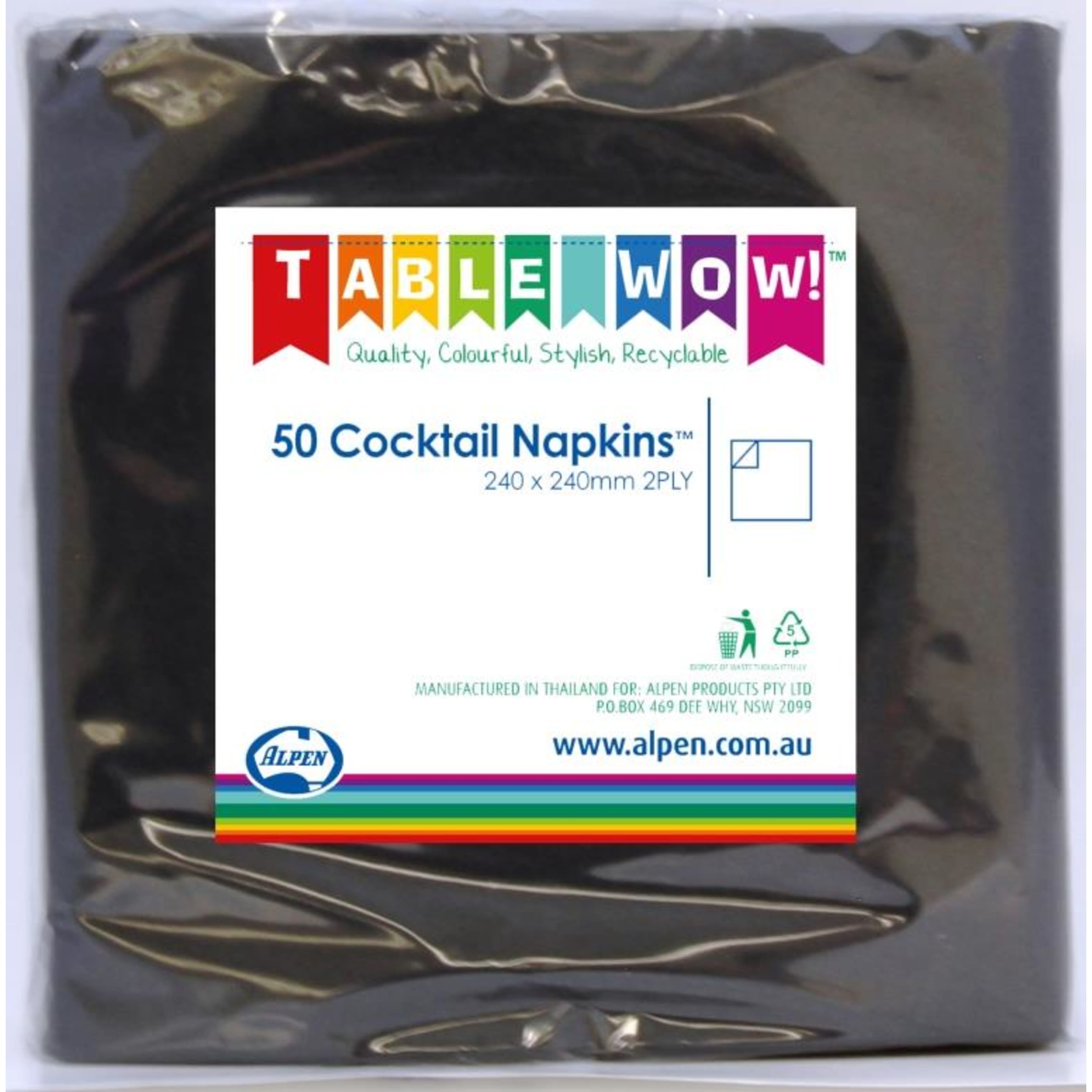 TableWow! Black Cocktail Napkin 25x25cm 2ply (50 Pack)