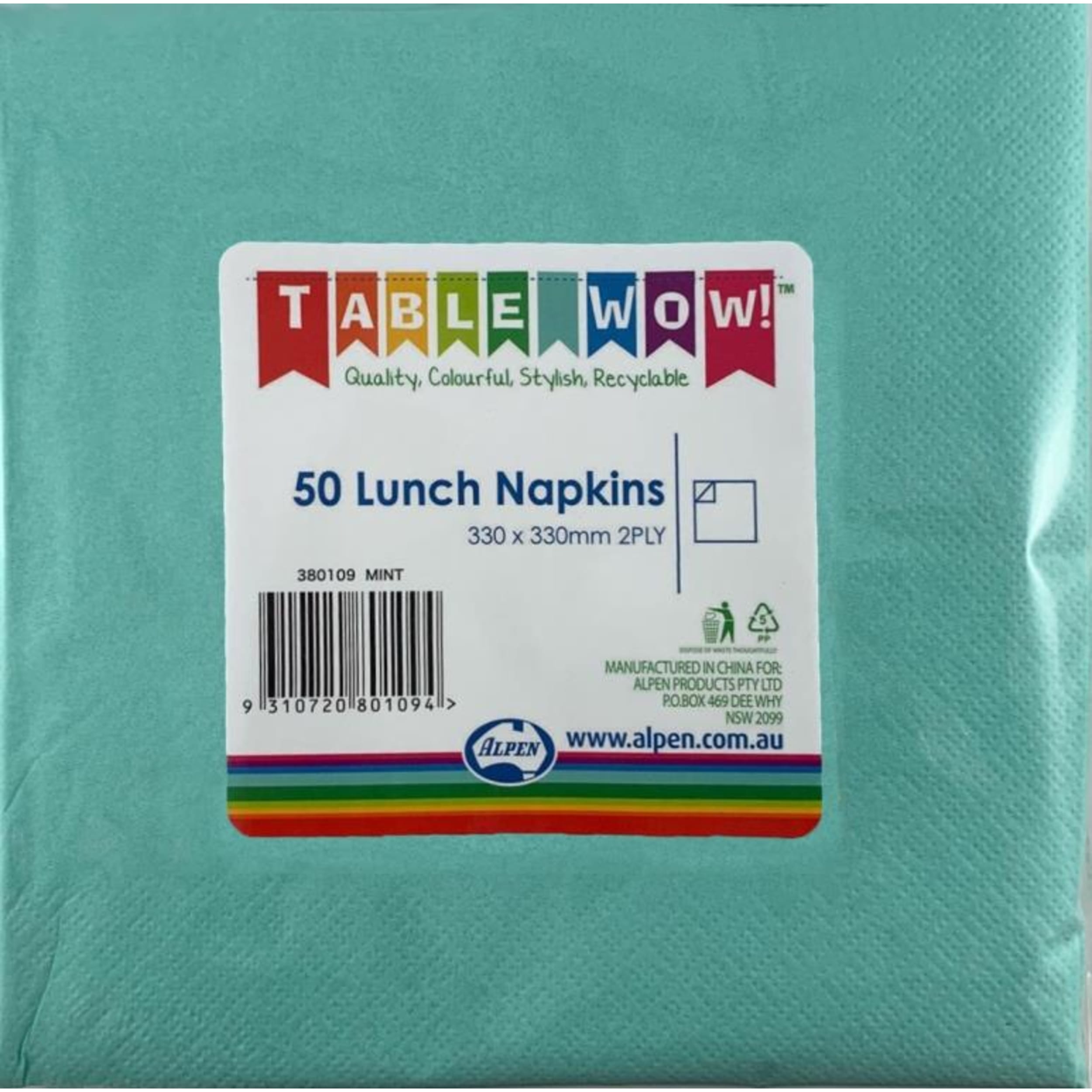 TableWow! Mint Lunch Napkin 33x33cm 2ply (50 Pack)