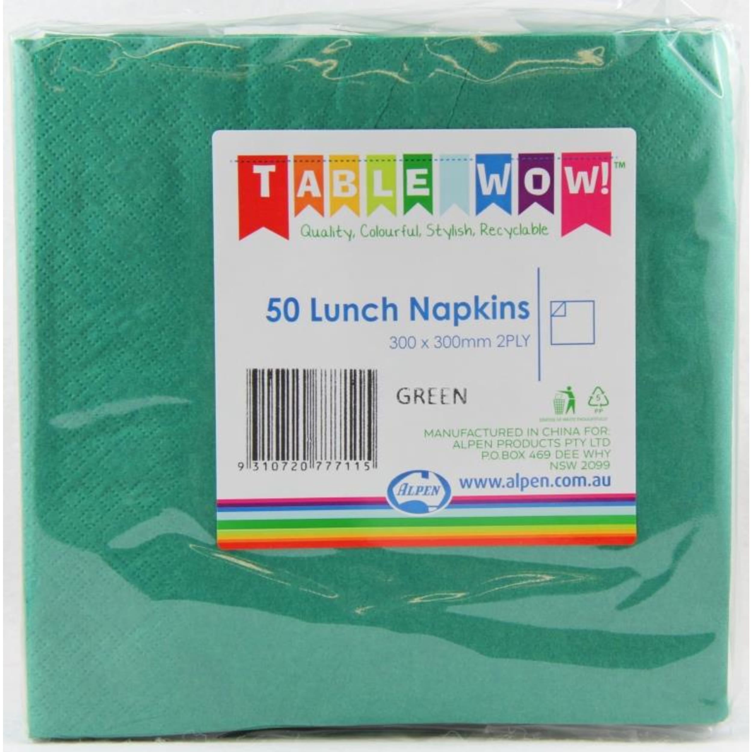 TableWow! Green Lunch Napkin 33x33cm 2ply (50 Pack)