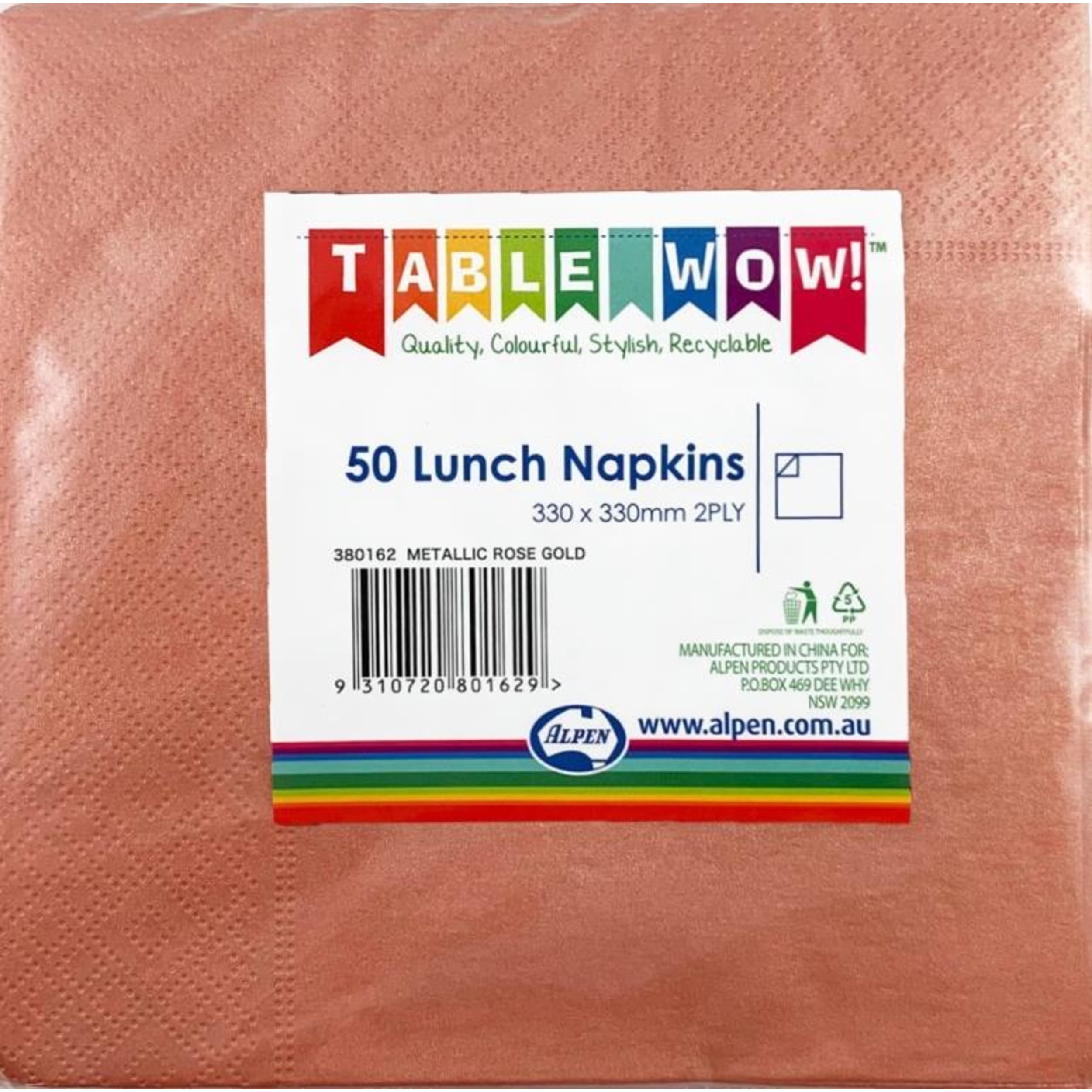 TableWow! Metallic Rose Gold Lunch Napkin 33x33cm 2ply (50 Pack)