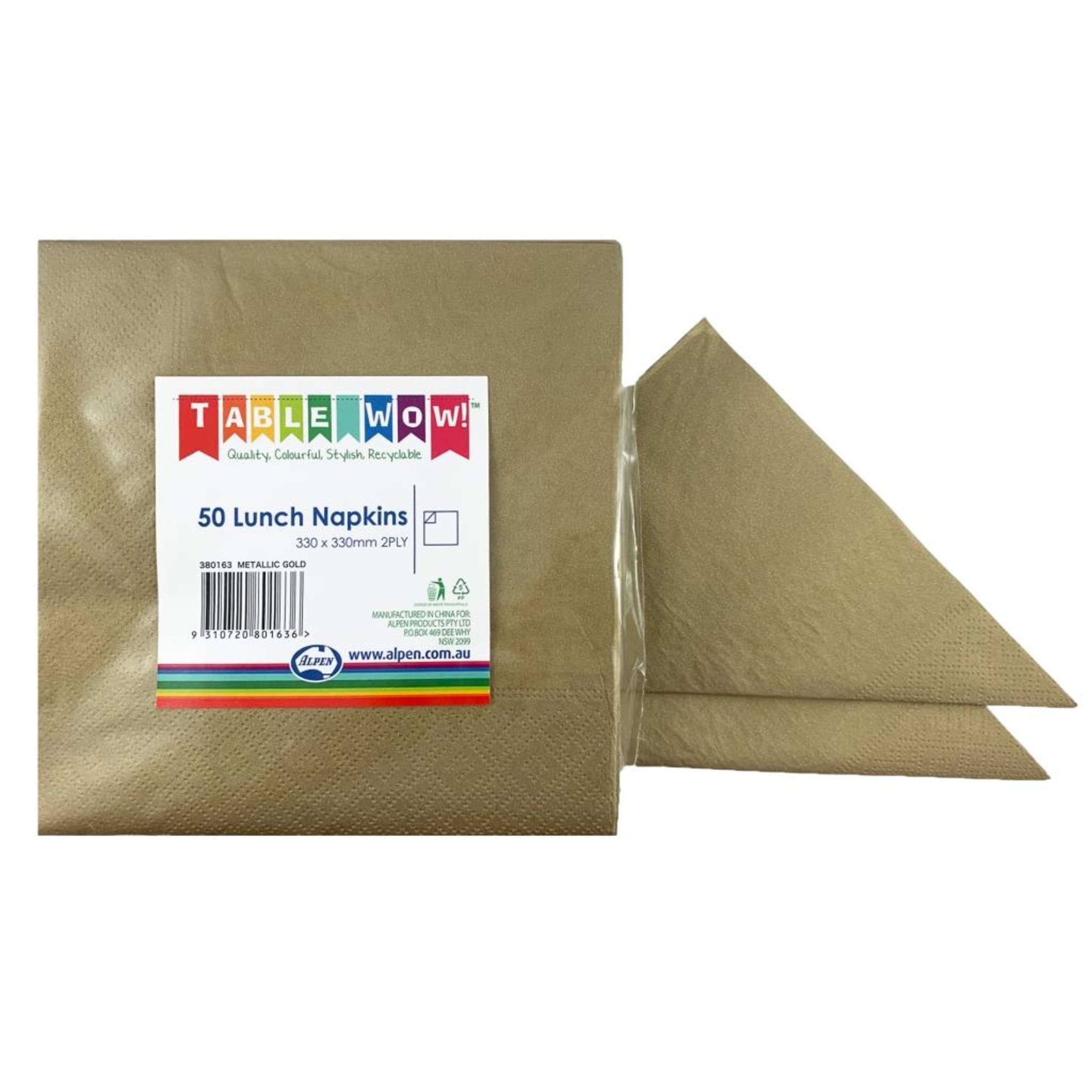 TableWow! Metallic Gold Lunch Napkin 33x33cm 2ply (50 Pack)