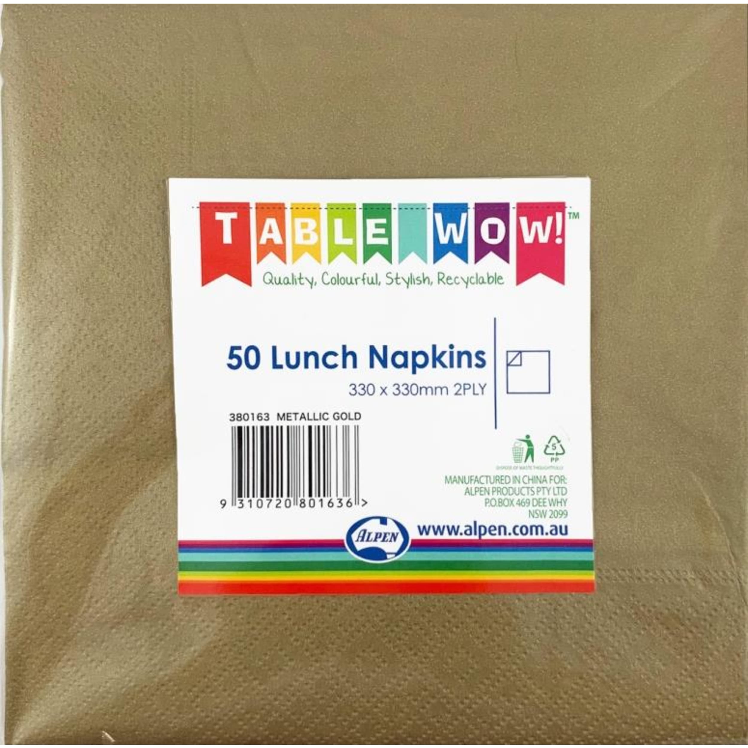 TableWow! Metallic Gold Lunch Napkin 33x33cm 2ply (50 Pack)