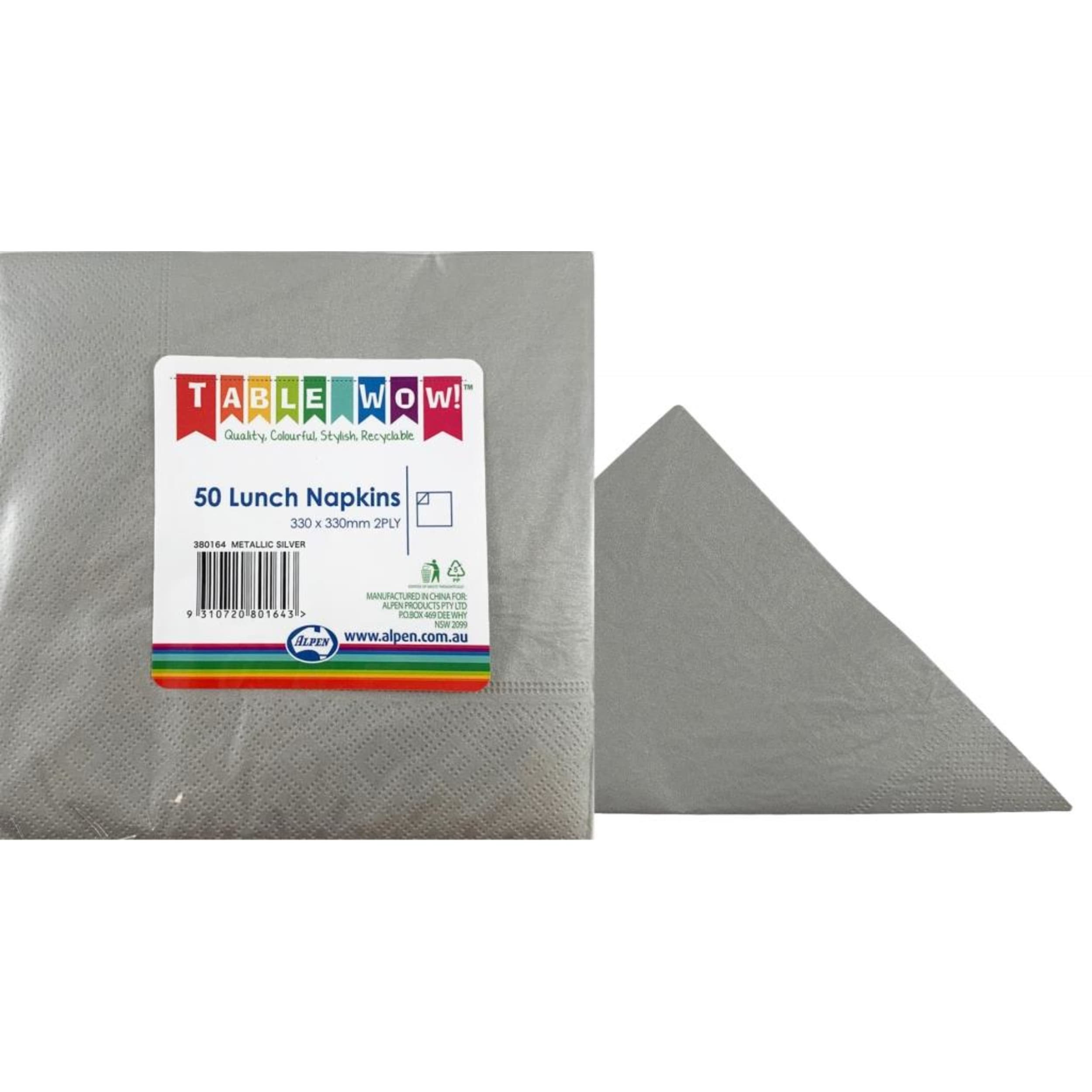 TableWow! Metallic Silver Lunch Napkin 33x33cm 2ply (50 Pack)