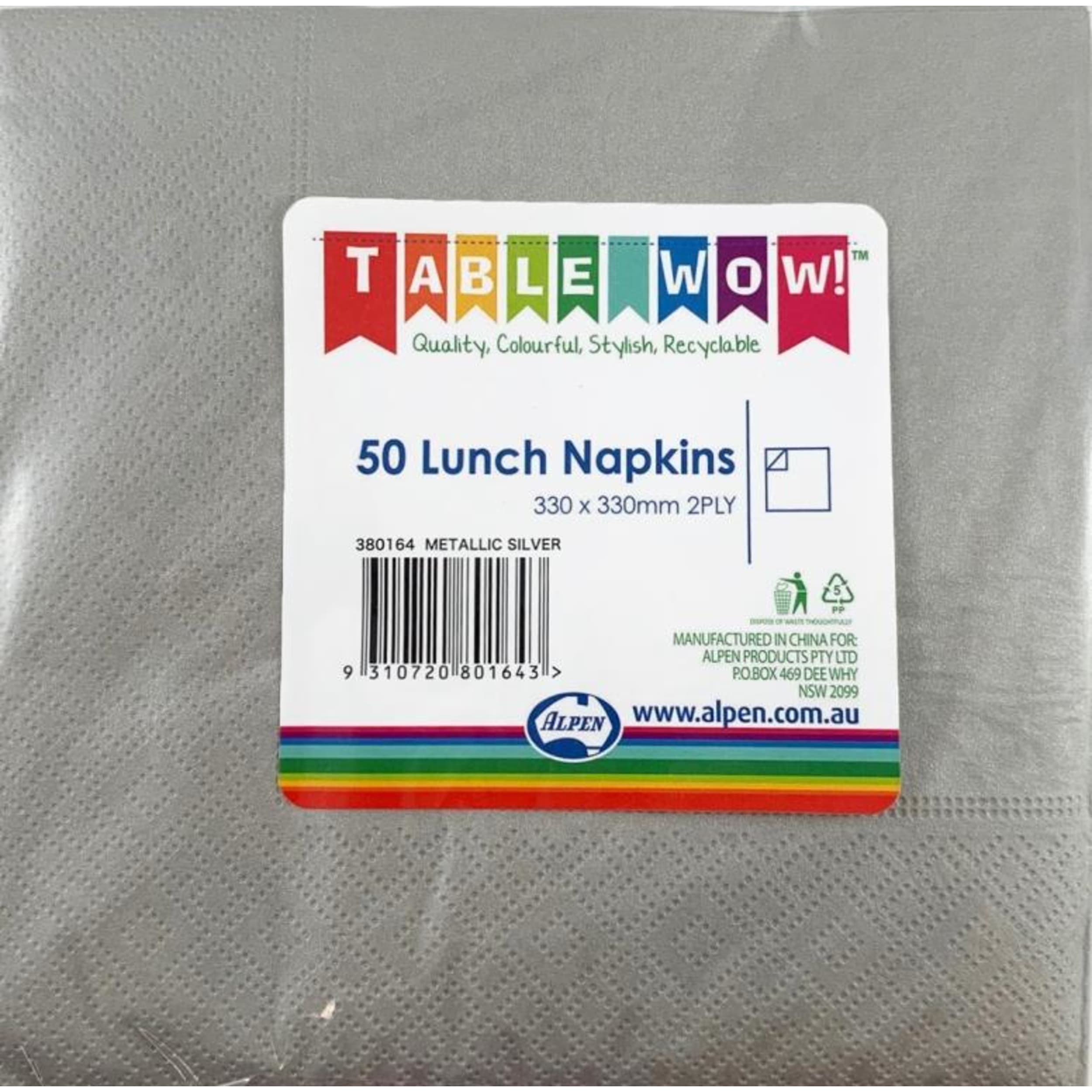 TableWow! Metallic Silver Lunch Napkin 33x33cm 2ply (50 Pack)