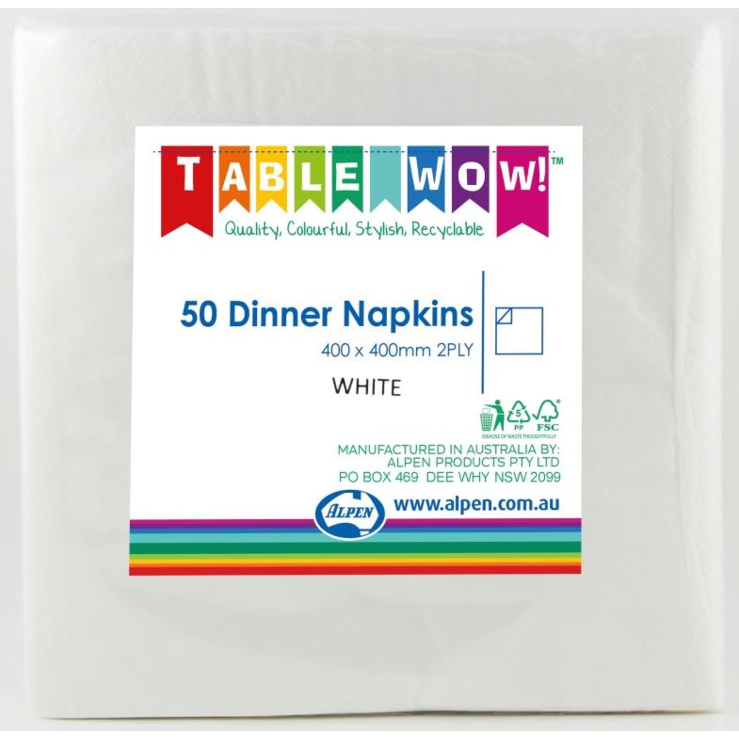 TableWow! White Dinner Napkin 40x40cm 2ply (50 Pack)