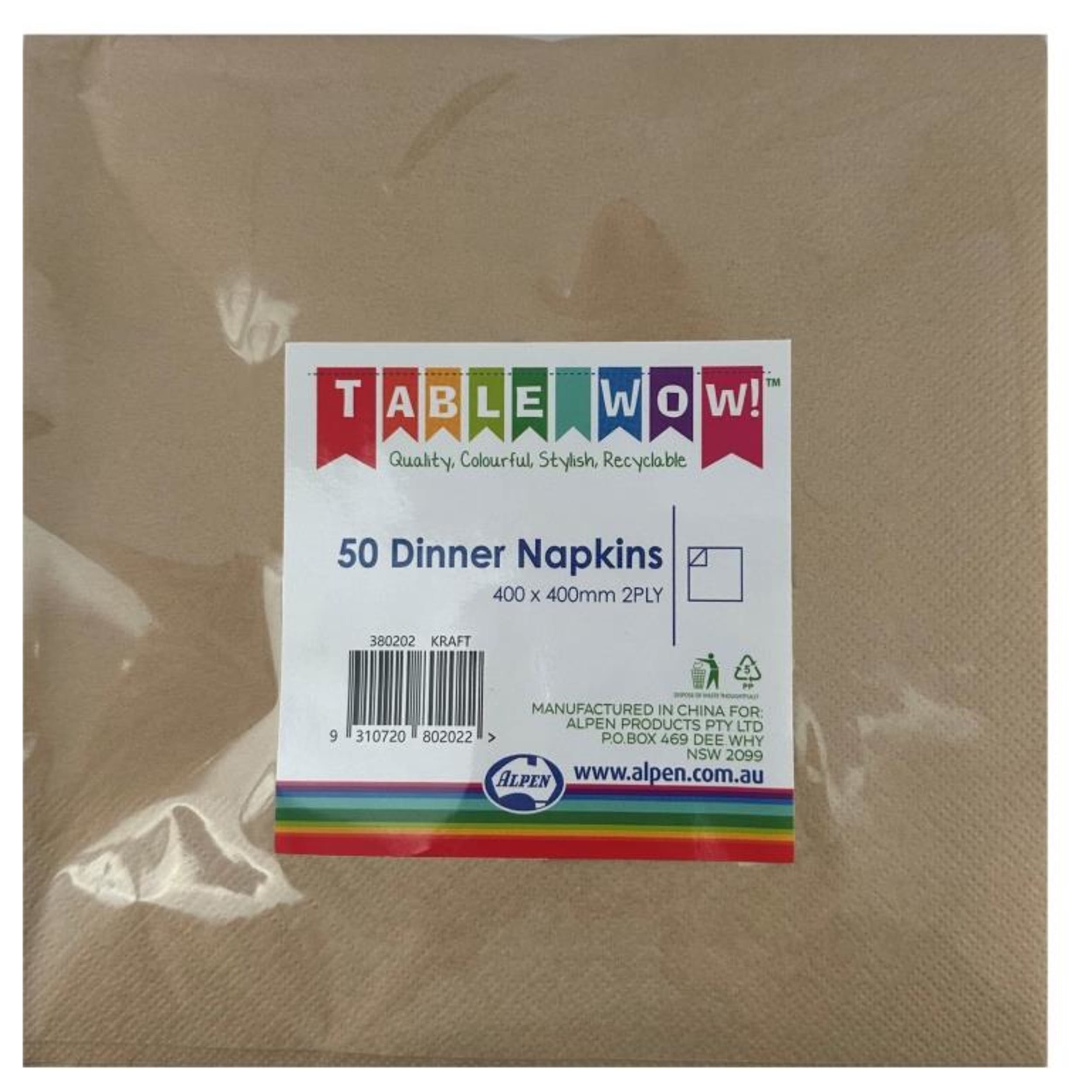 TableWow! Kraft Dinner Napkin 40x40cm 2ply (50 Pack)