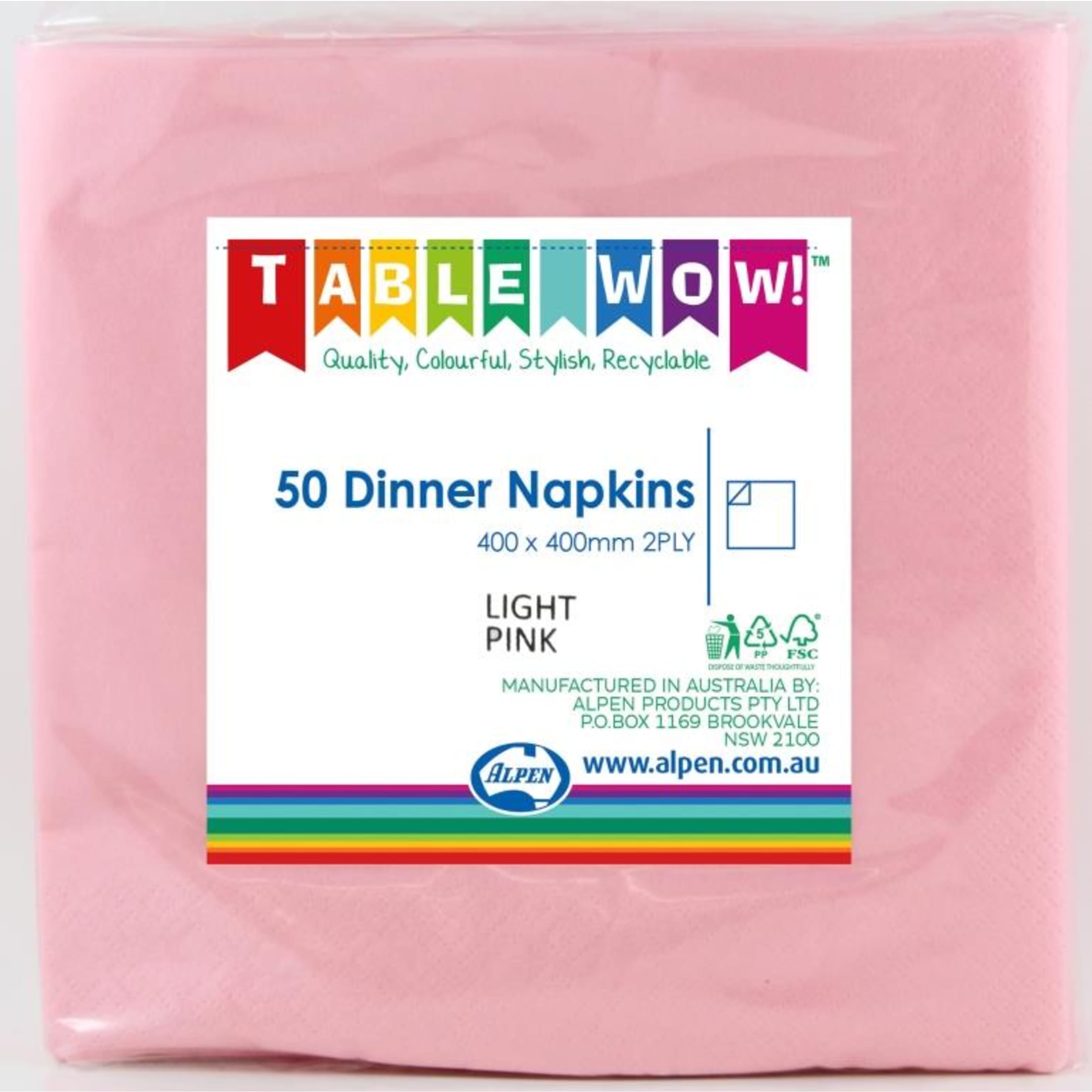 TableWow! Light Pink Dinner Napkin 40x40cm 2ply (50 Pack)