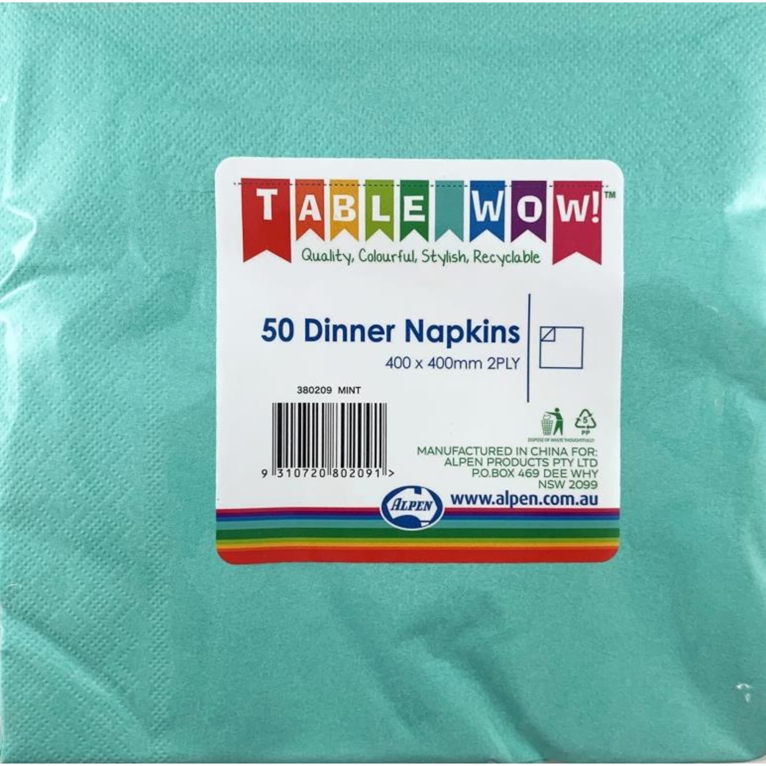 TableWow! Mint Dinner Napkin 40x40cm 2ply (50 Pack)