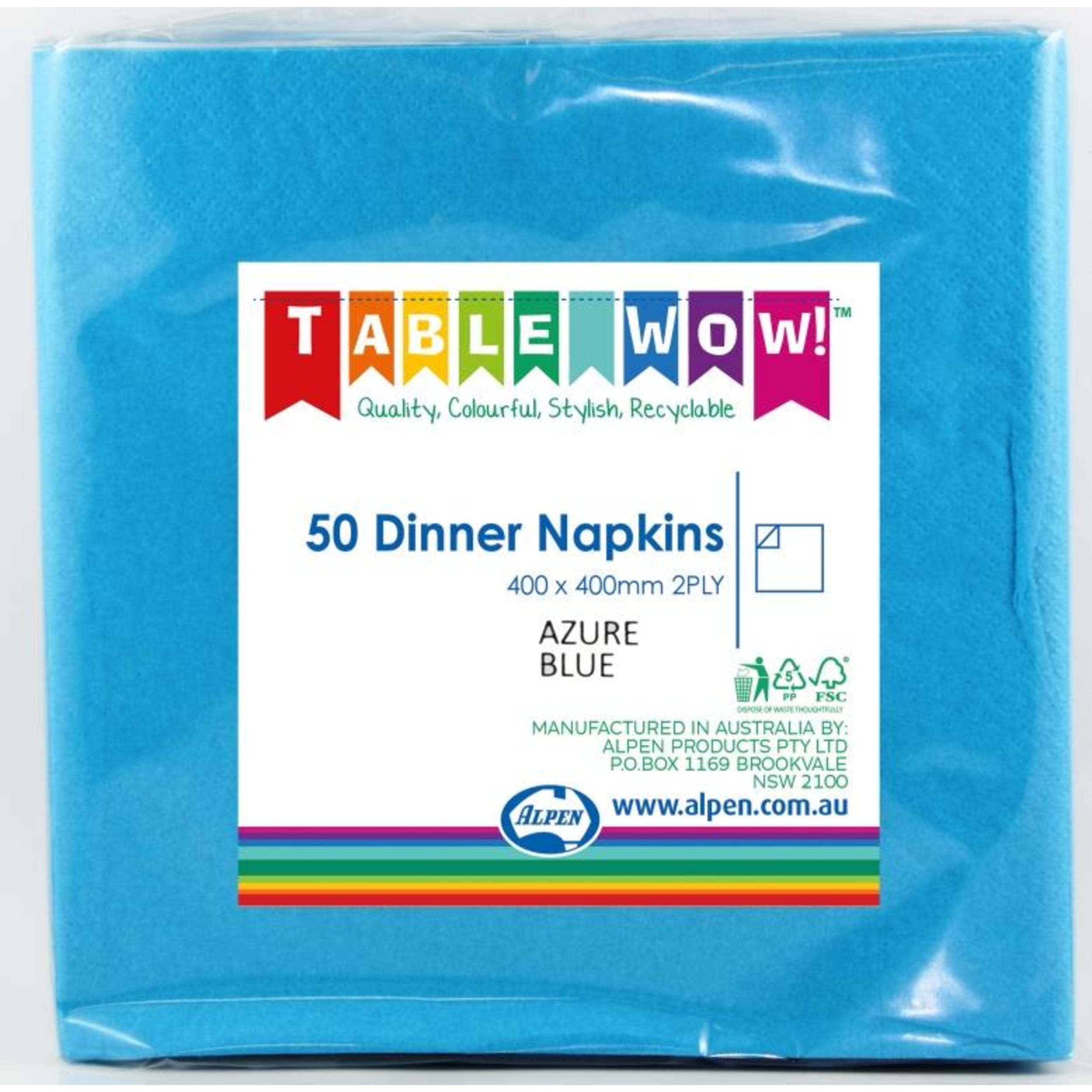 TableWow! Azure Blue Dinner Napkin 40x40cm 2ply (50 Pack)