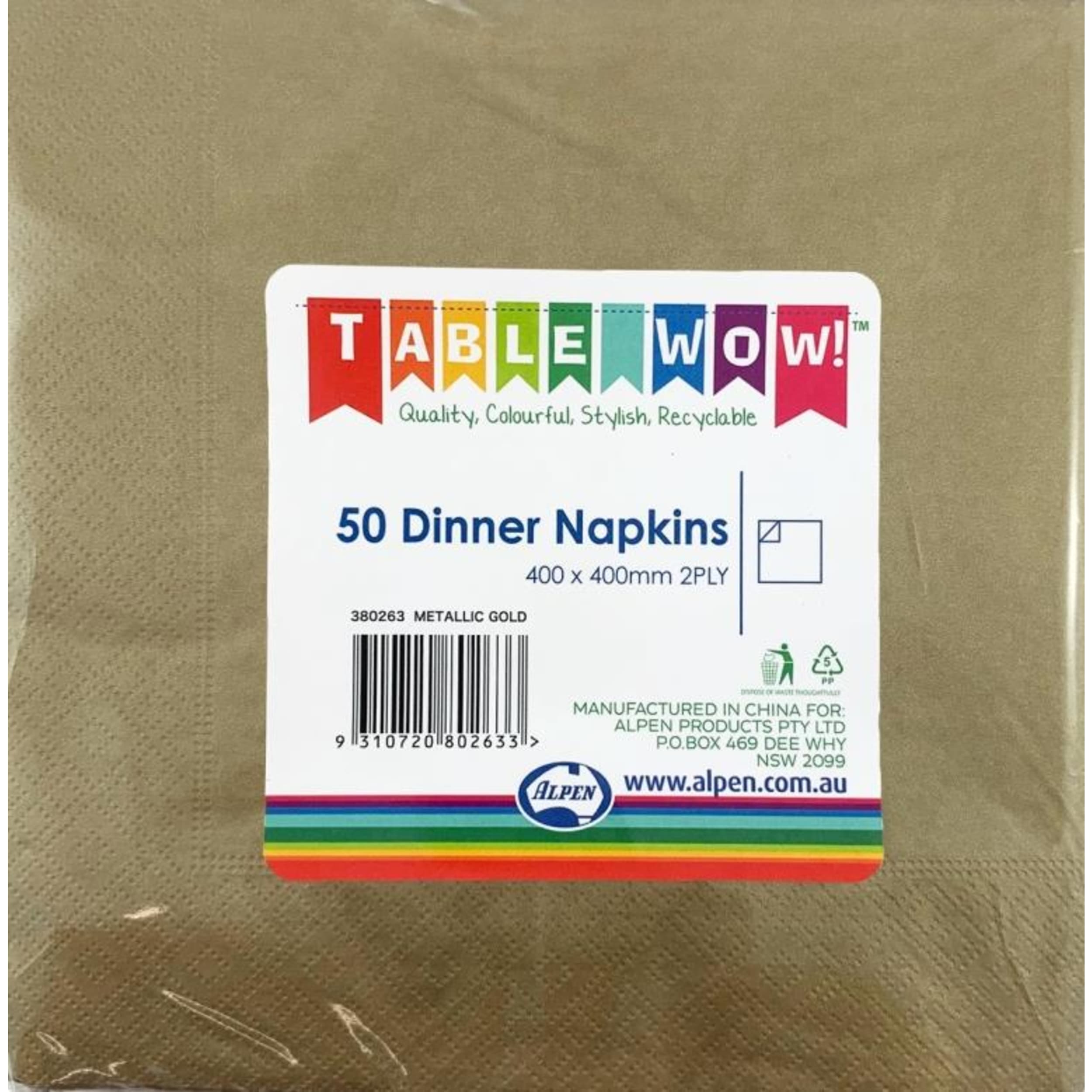 TableWow! Metallic Gold Dinner Napkin 40x40cm 2ply (50 Pack)