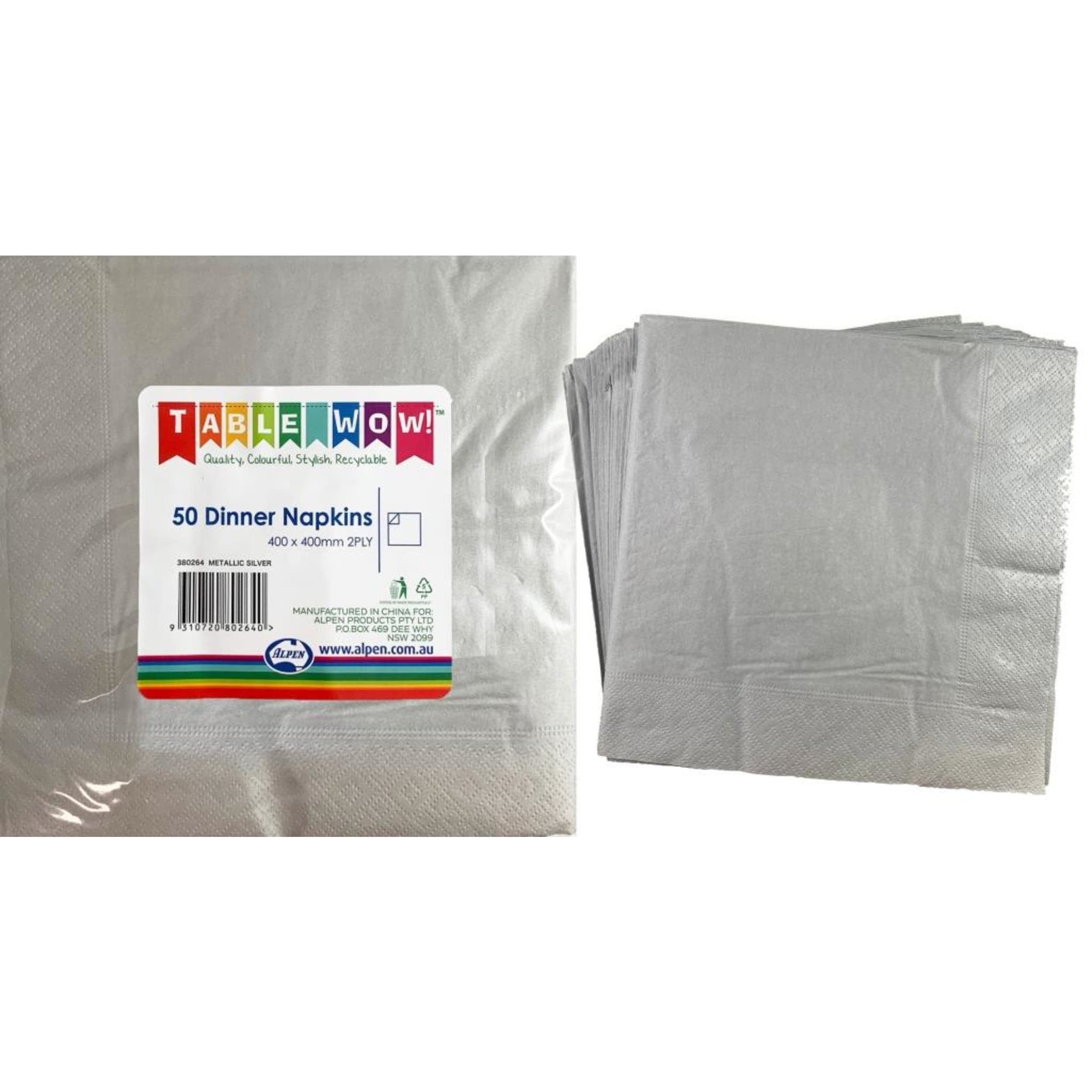 TableWow! Metallic Silver Dinner Napkin 40x40cm 2ply (50 Pack)