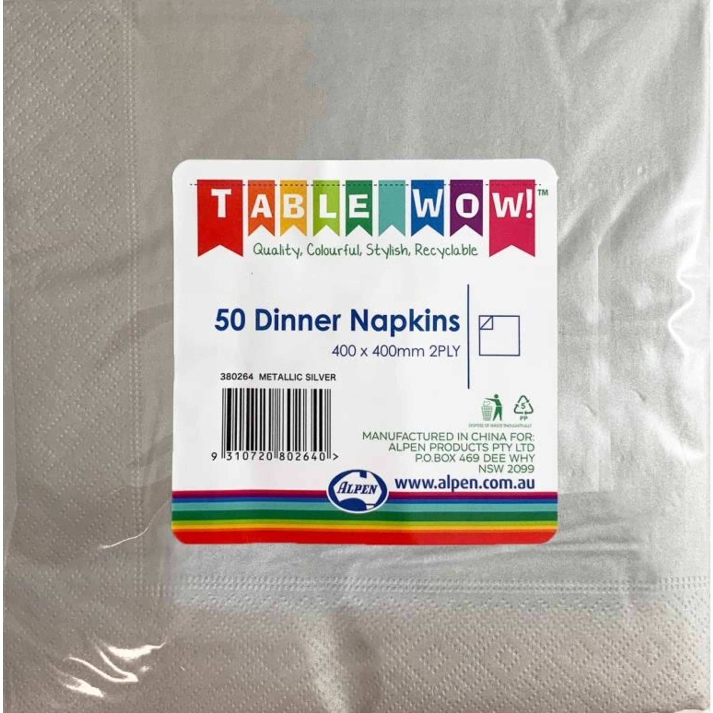 TableWow! Metallic Silver Dinner Napkin 40x40cm 2ply (50 Pack)