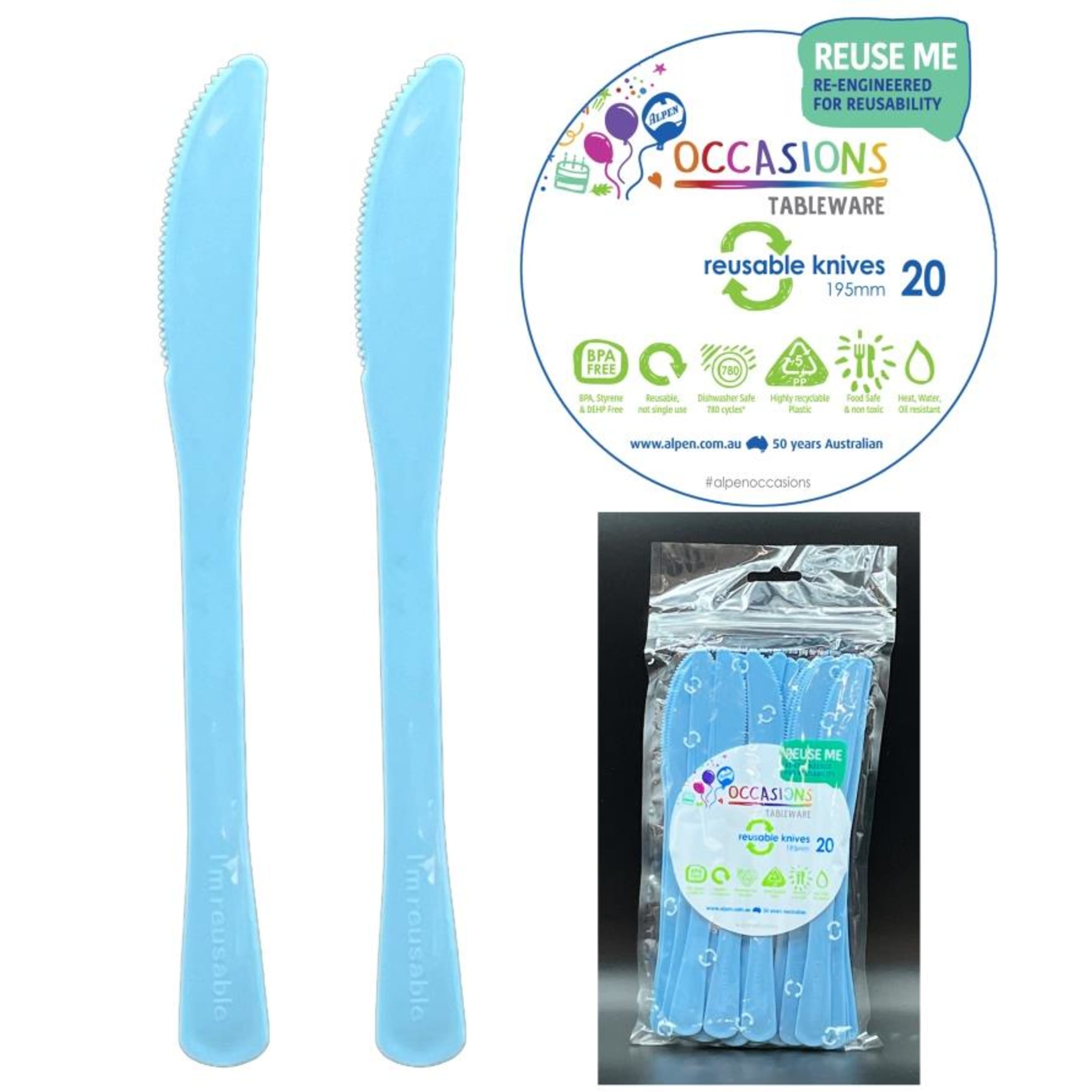 Occasions Light Blue Knife 190mm (20 Pack)