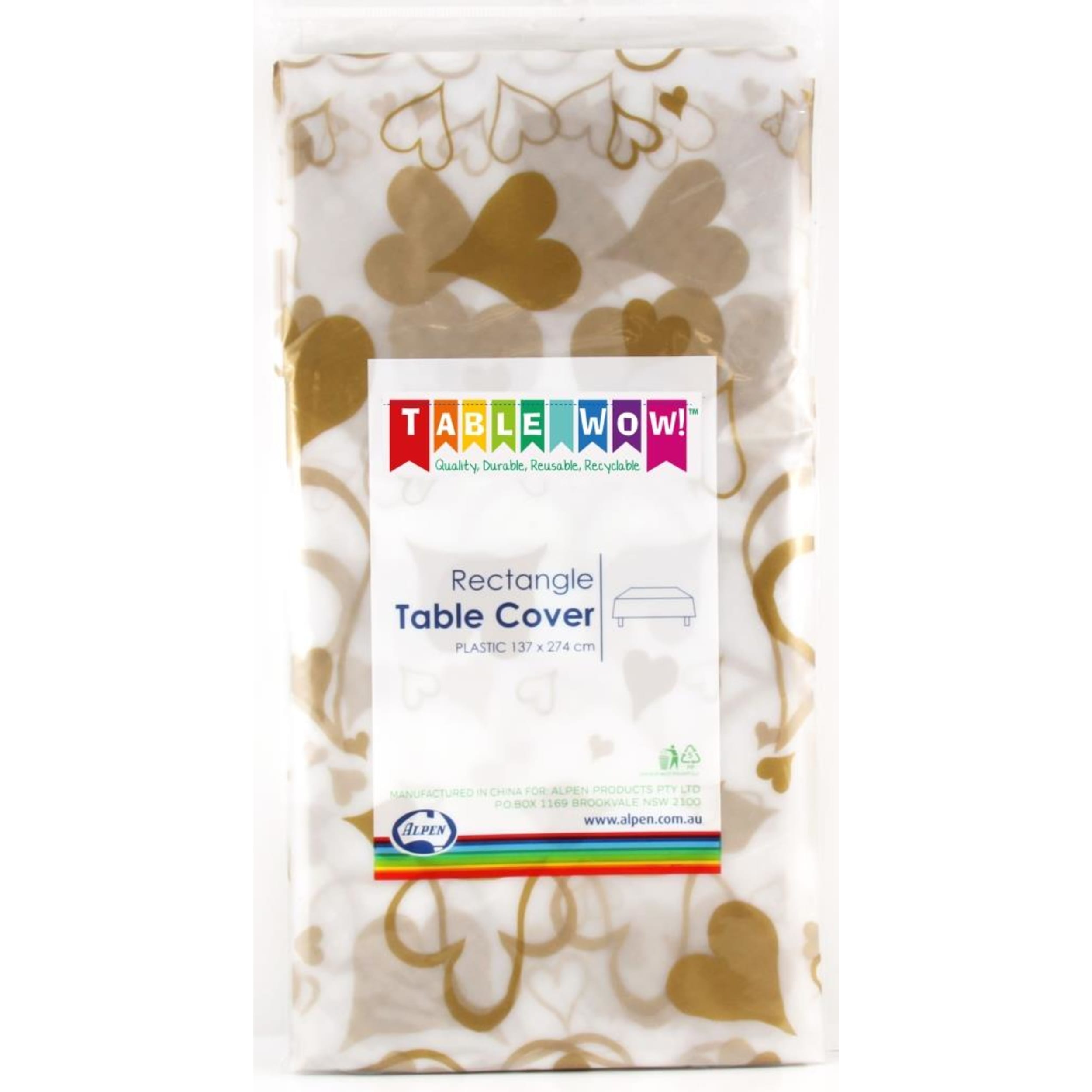 TableWow! Clear - Gold Hearts Printed Rect Tablecover